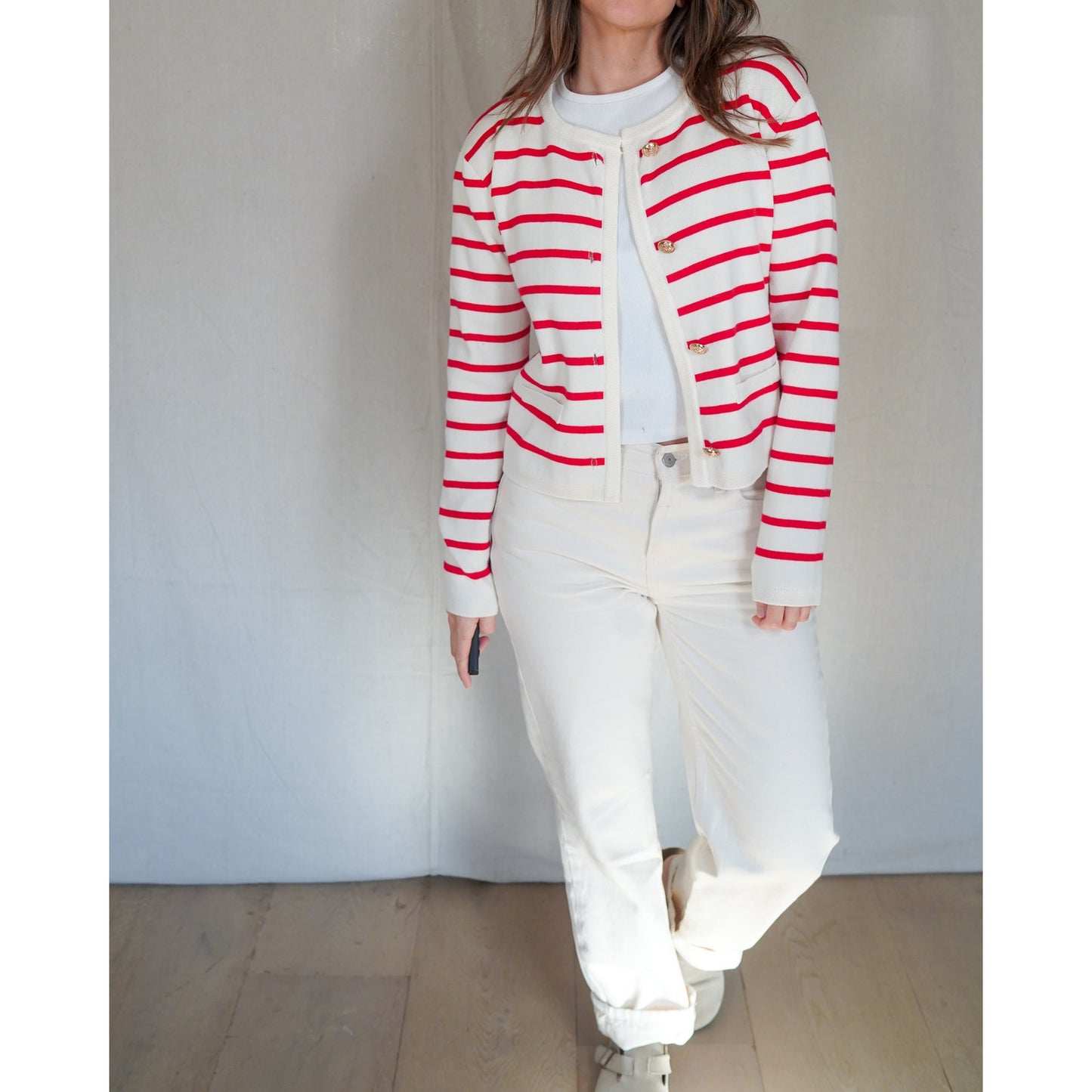 Red Stripe Knit Cardigan with Gold Buttons – Cream