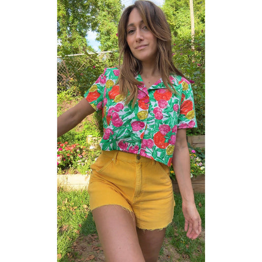 Sunday Honey Citrus Painterly Crop Shirt Reworked Vintage Fruit Print Retro