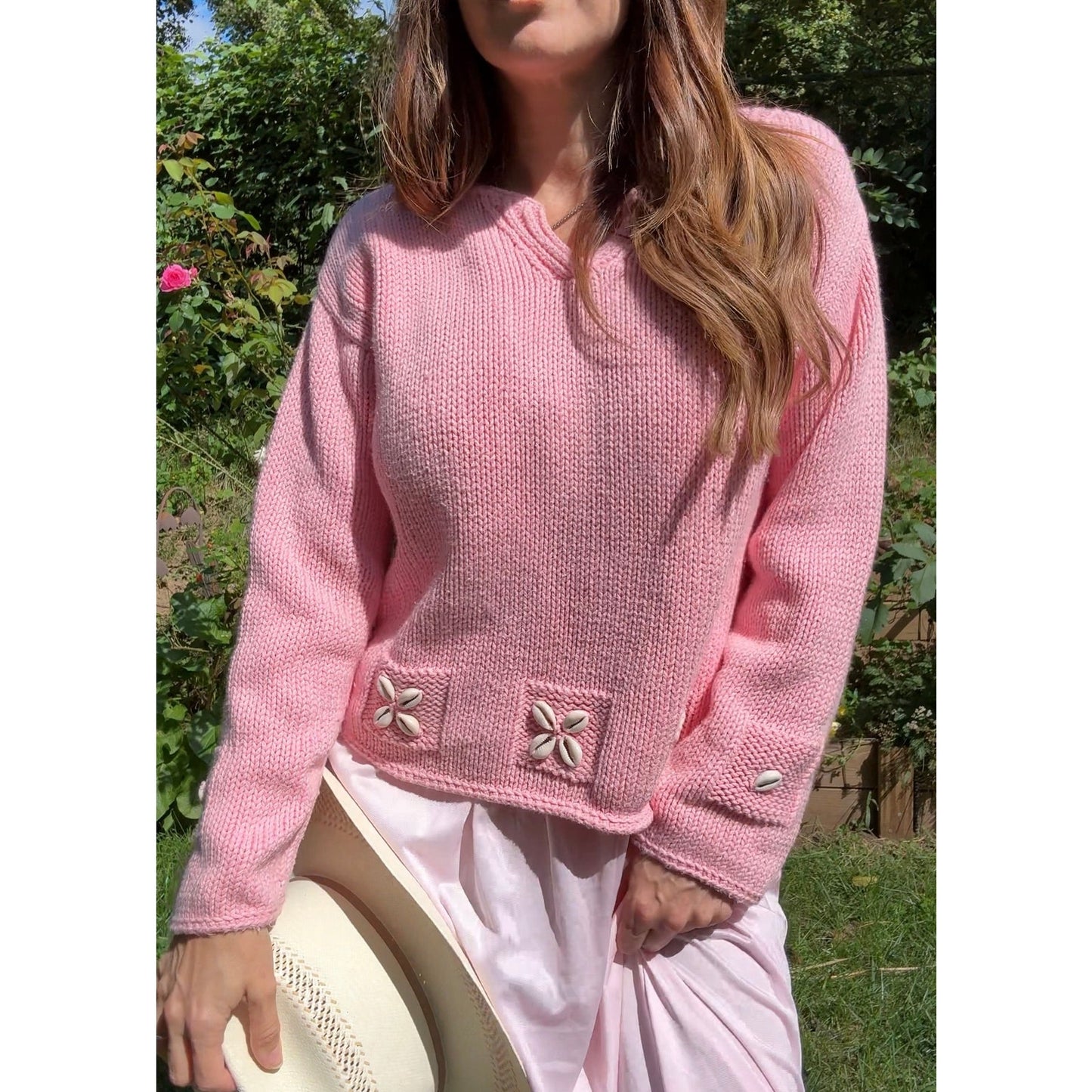 Cowrie Shell Knit Sweater — Bubblegum Pink 90s Surf / Coastal Cowboy