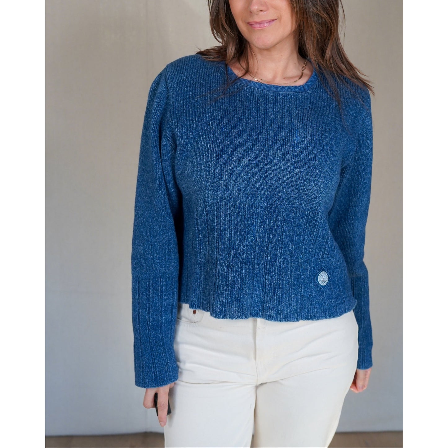 Vintage Blue Willis Cotton Knit Sweater – Cropped Fisherman Style, Textured Indigo, Coastal Minimal, Boxy Fit