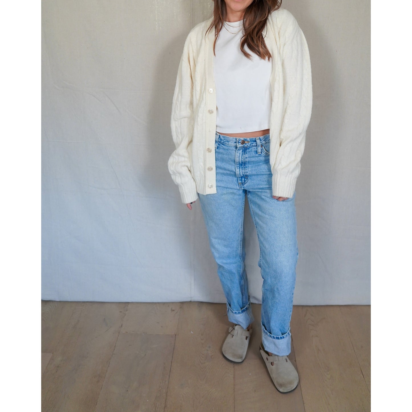 Vintage Cable Knit Cardigan – Cream Fisherman Wool, Slouchy Fit (Jantzen)