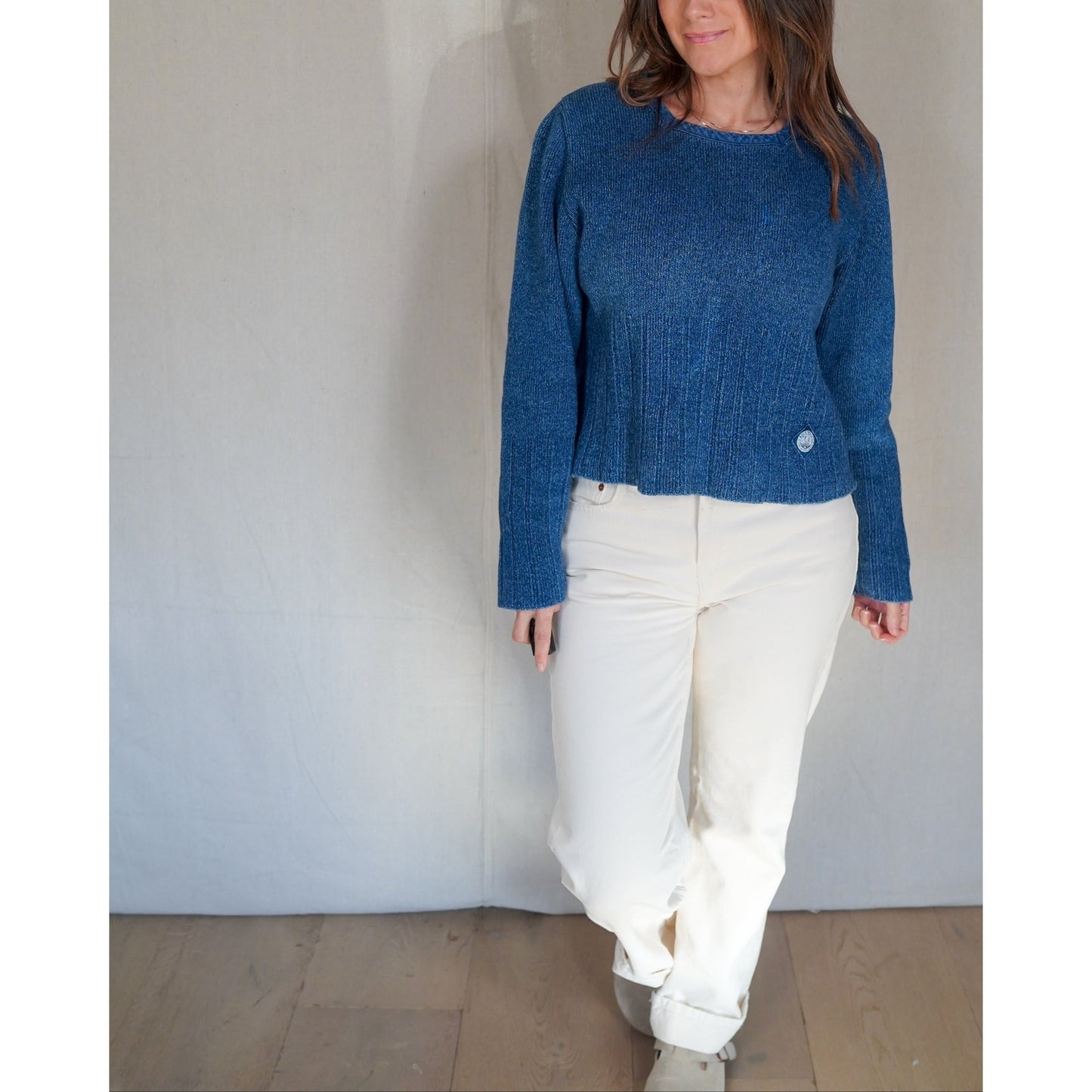 Vintage Blue Willis Cotton Knit Sweater – Cropped Fisherman Style, Textured Indigo, Coastal Minimal, Boxy Fit