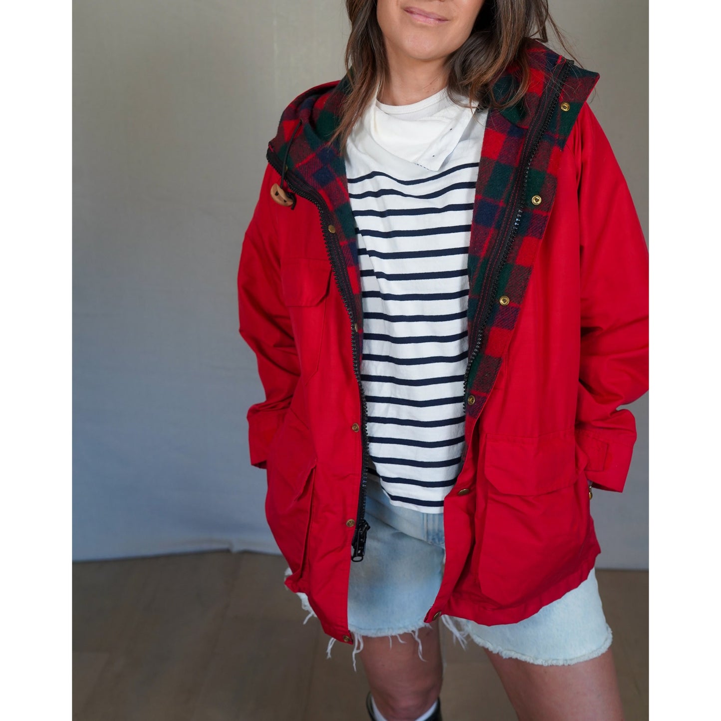 Woolrich Red Hooded Field Jacket / Plaid Lined Utility Coat