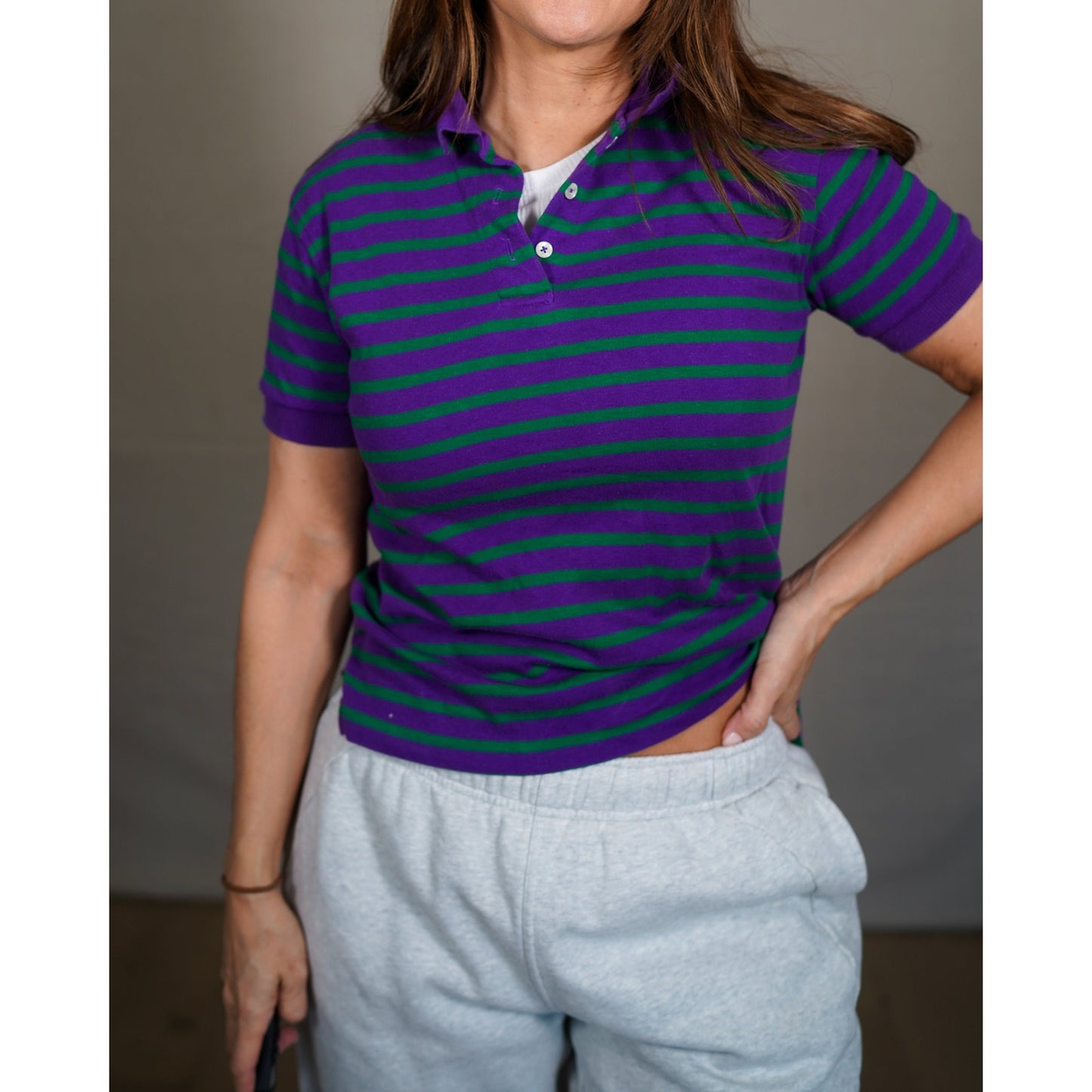 Vintage Retro Purple + Green Stripe Polo