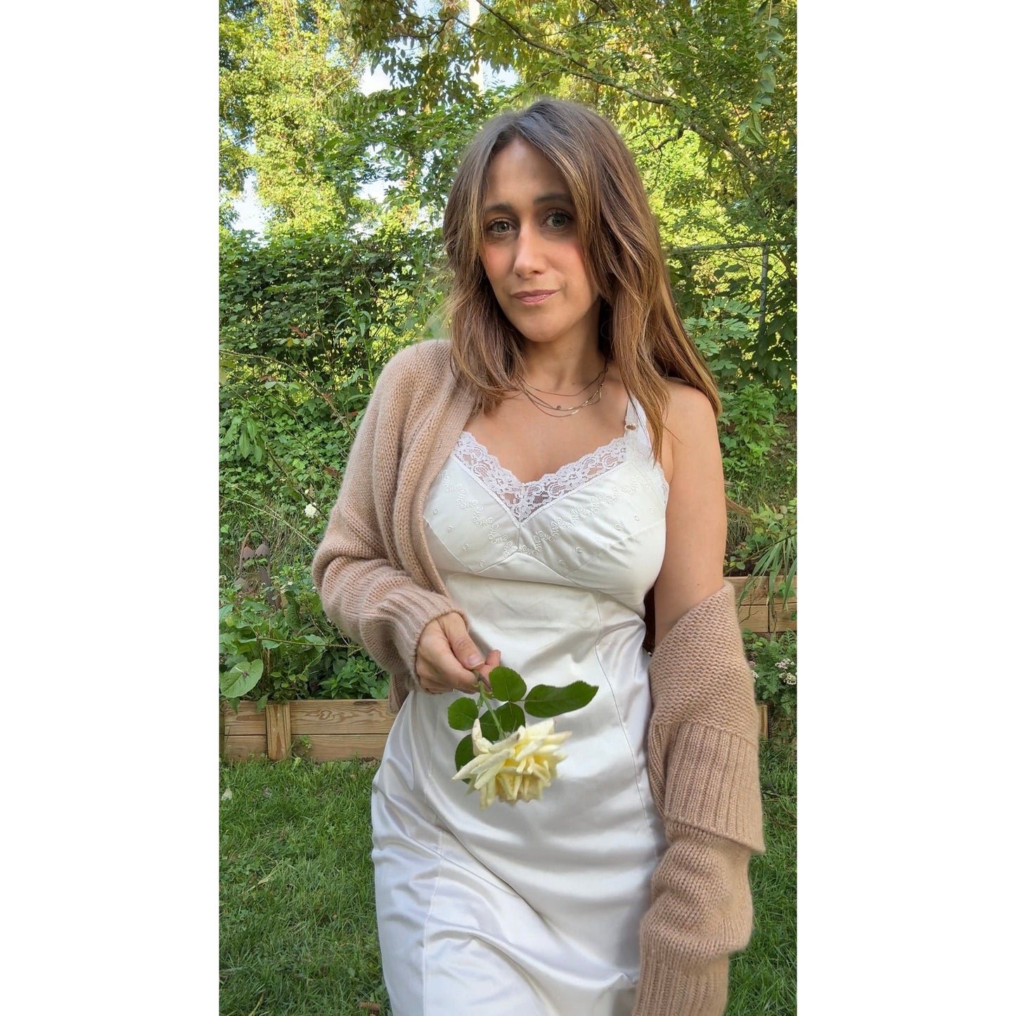 VINTAGE SATIN LACE TRIM SLIP DRESS — IVORY