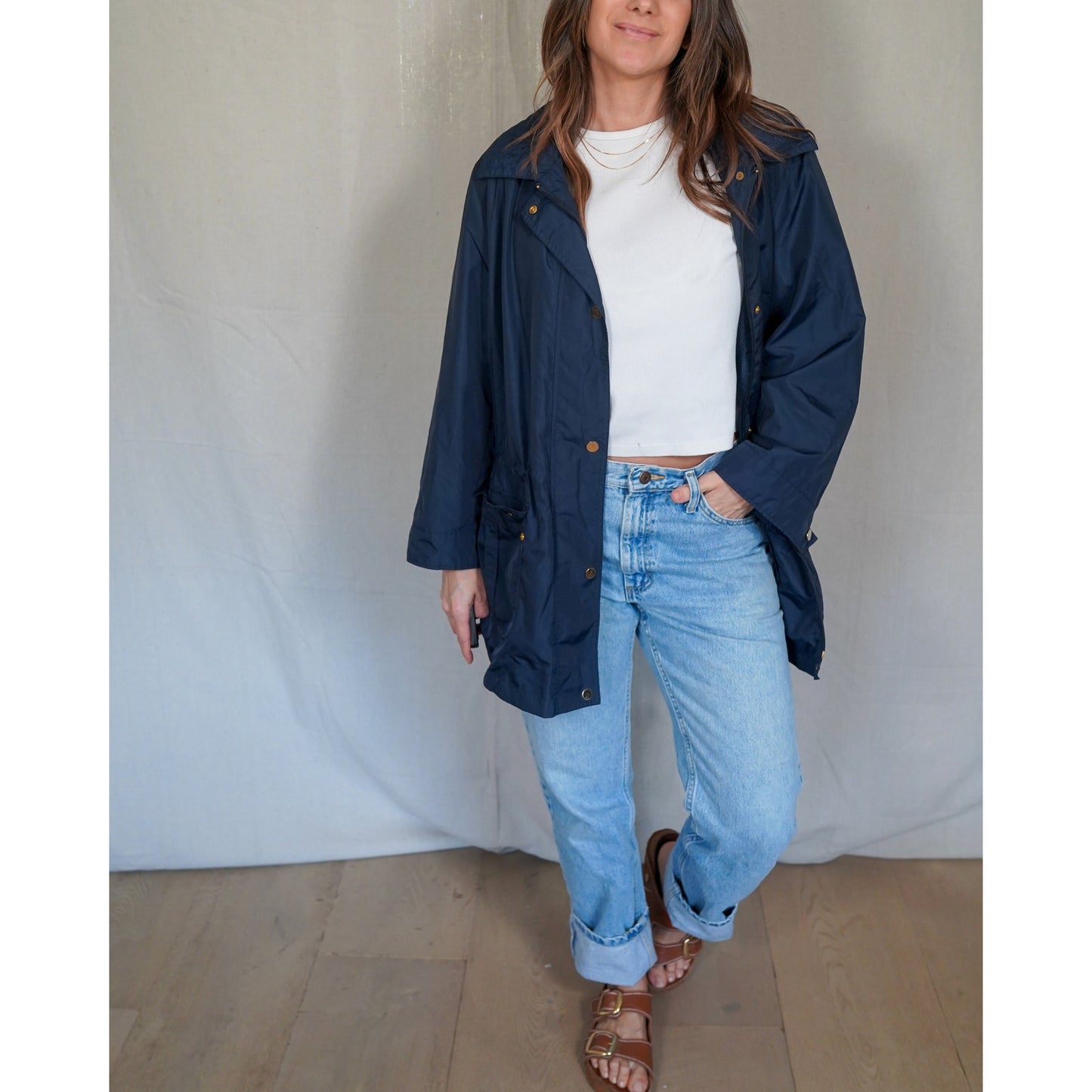 Talbots navy rain jacket utility shell fisherman core oversized coat