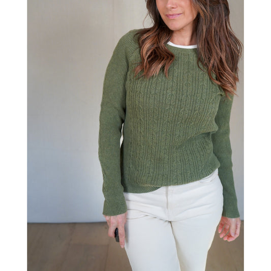 Eddie Bauer Cable Knit Sweater Olive Green – Cotton Blend, Ribbed Trim, Classic Outdoors, Fitted Crewneck