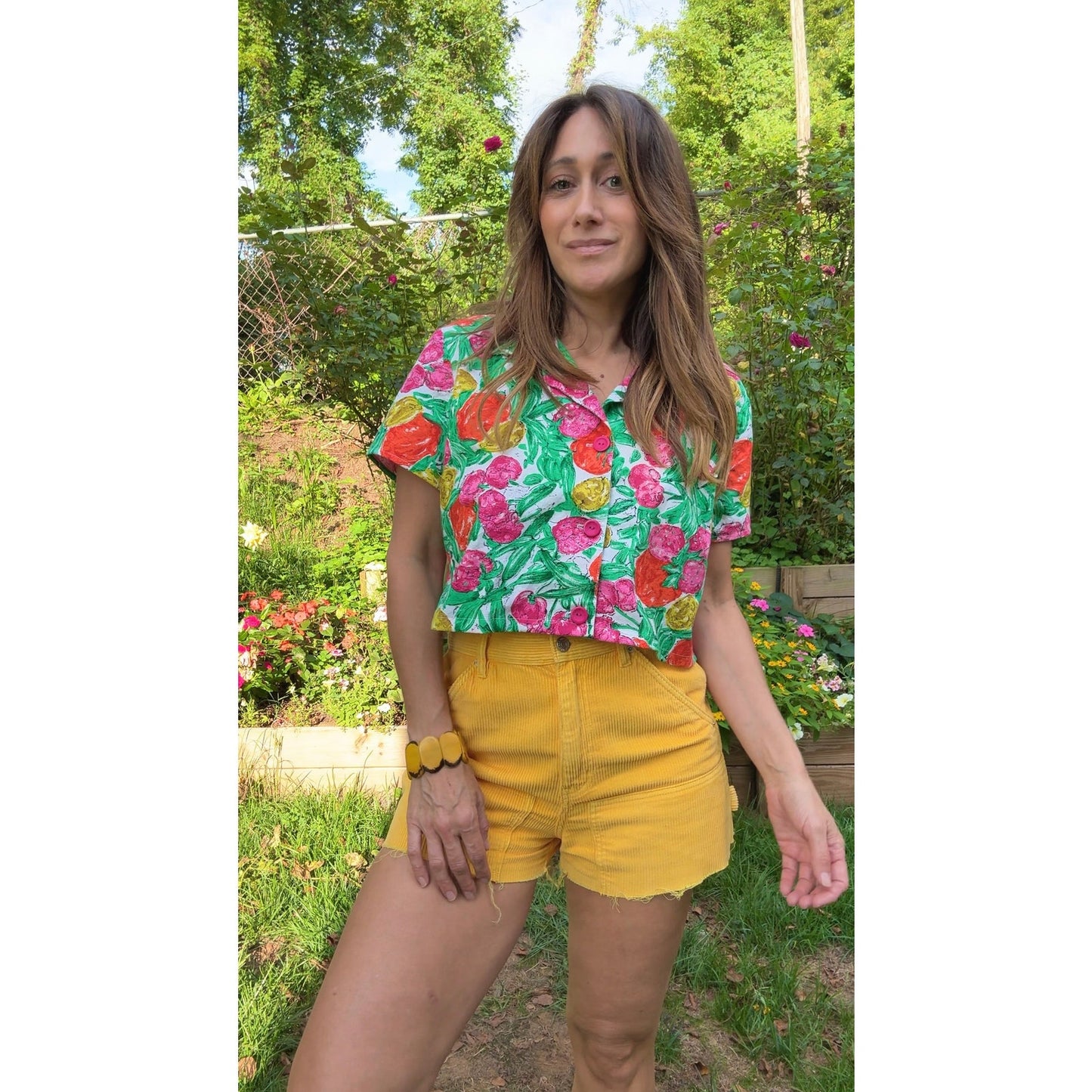Sunday Honey Citrus Painterly Crop Shirt Reworked Vintage Fruit Print Retro