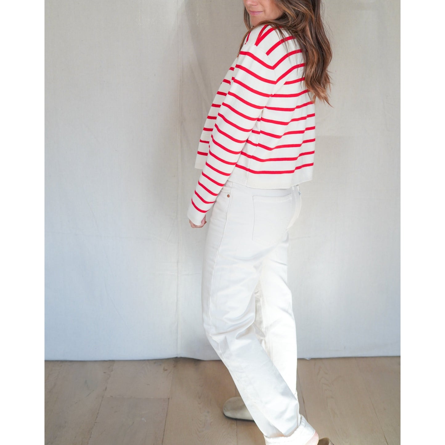 Red Stripe Knit Cardigan with Gold Buttons – Cream