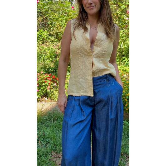 Linen-Blend Pin-Tucked Button Top – Solstice Last Light