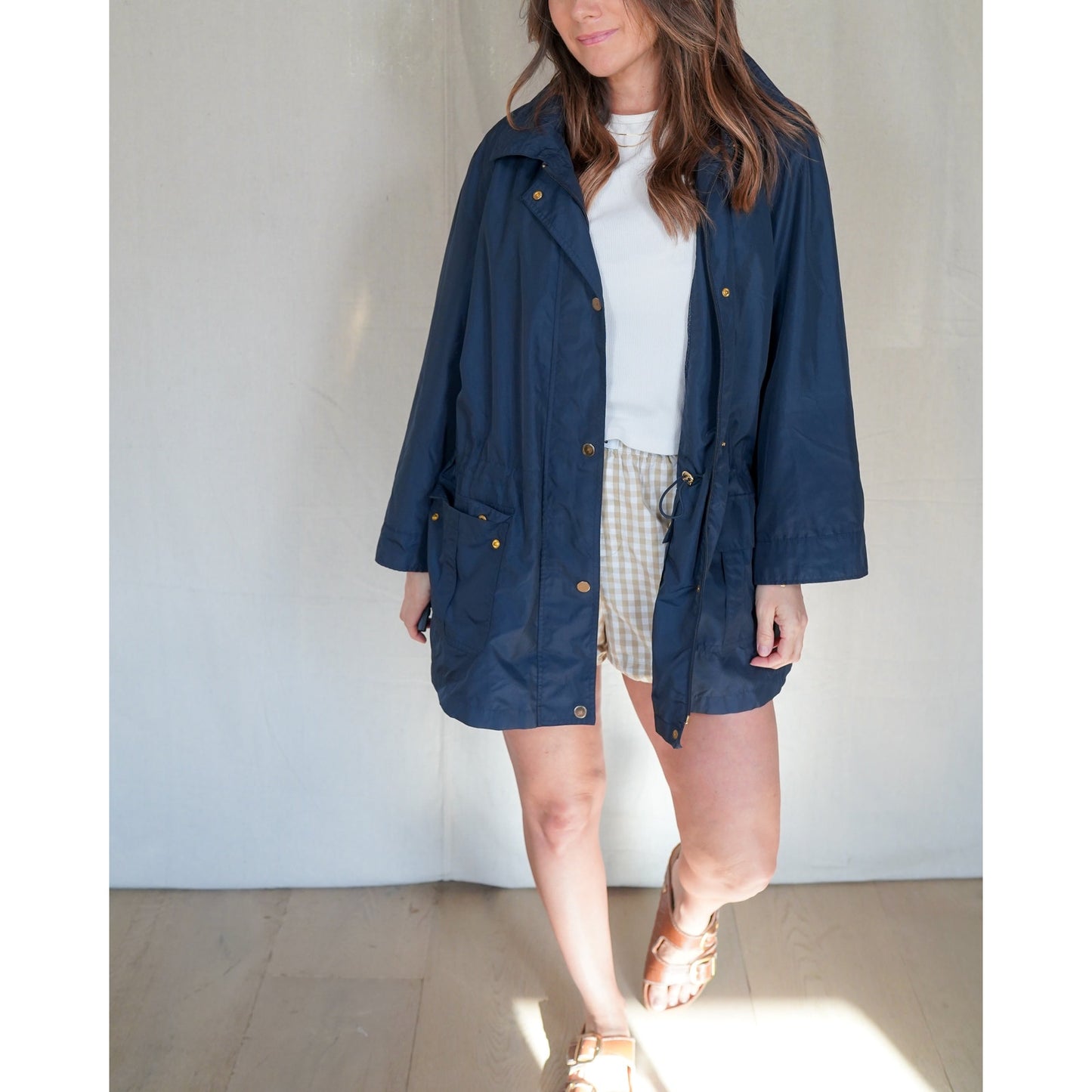 Talbots navy rain jacket utility shell fisherman core oversized coat