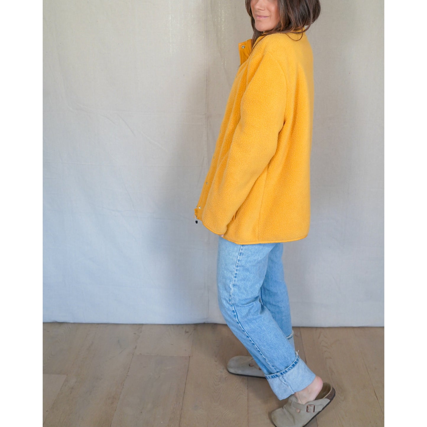 Mustard Yellow Fleece Jacket / Snap Front / Minimal Outdoor Layer