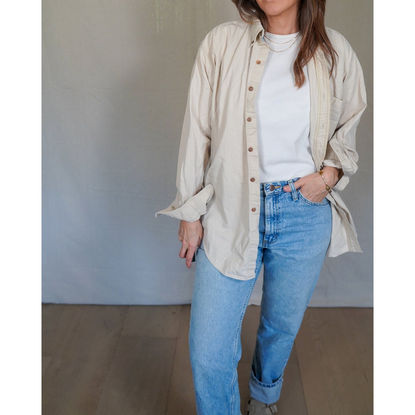 Vintage Chaps Ralph Lauren Beige Button Down / Crest Logo / Classic Cotton Shirt / Minimal Prep