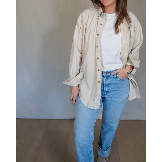 Vintage Chaps Ralph Lauren Beige Button Down / Crest Logo / Classic Cotton Shirt / Minimal Prep