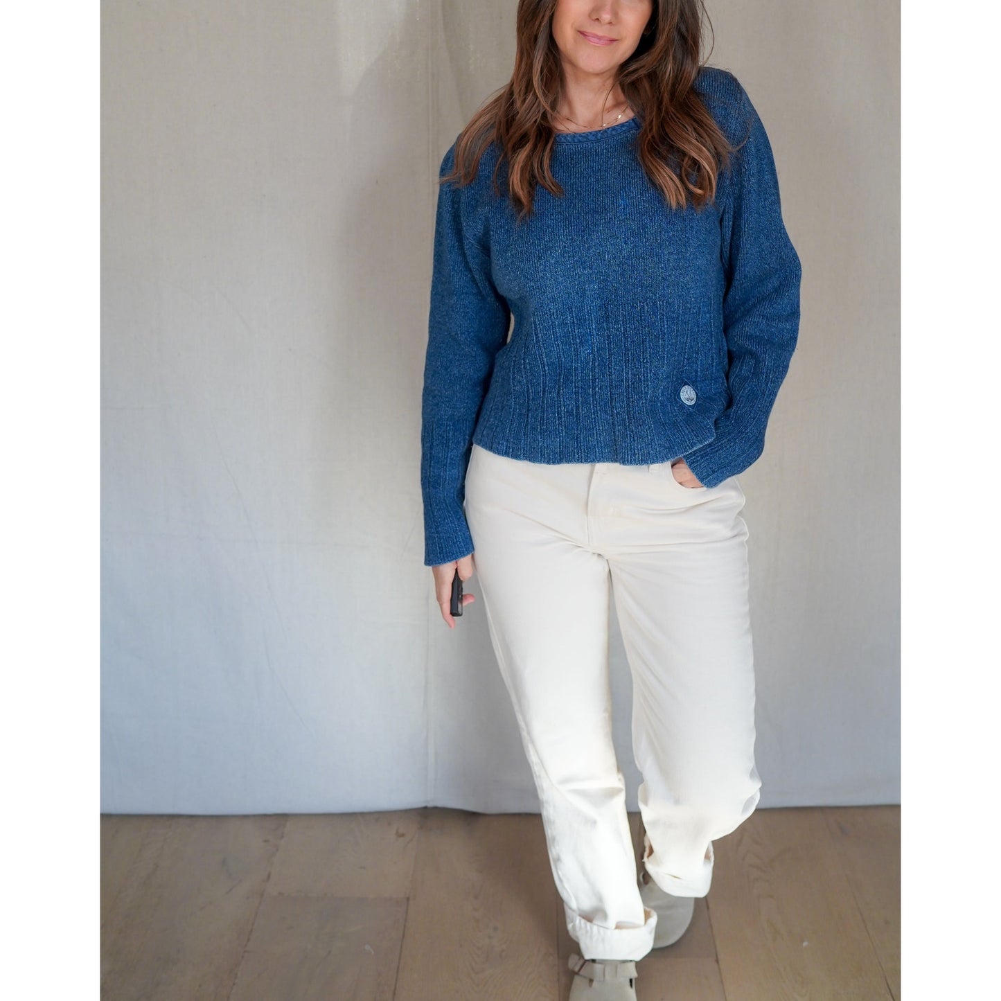 Vintage Blue Willis Cotton Knit Sweater – Cropped Fisherman Style, Textured Indigo, Coastal Minimal, Boxy Fit