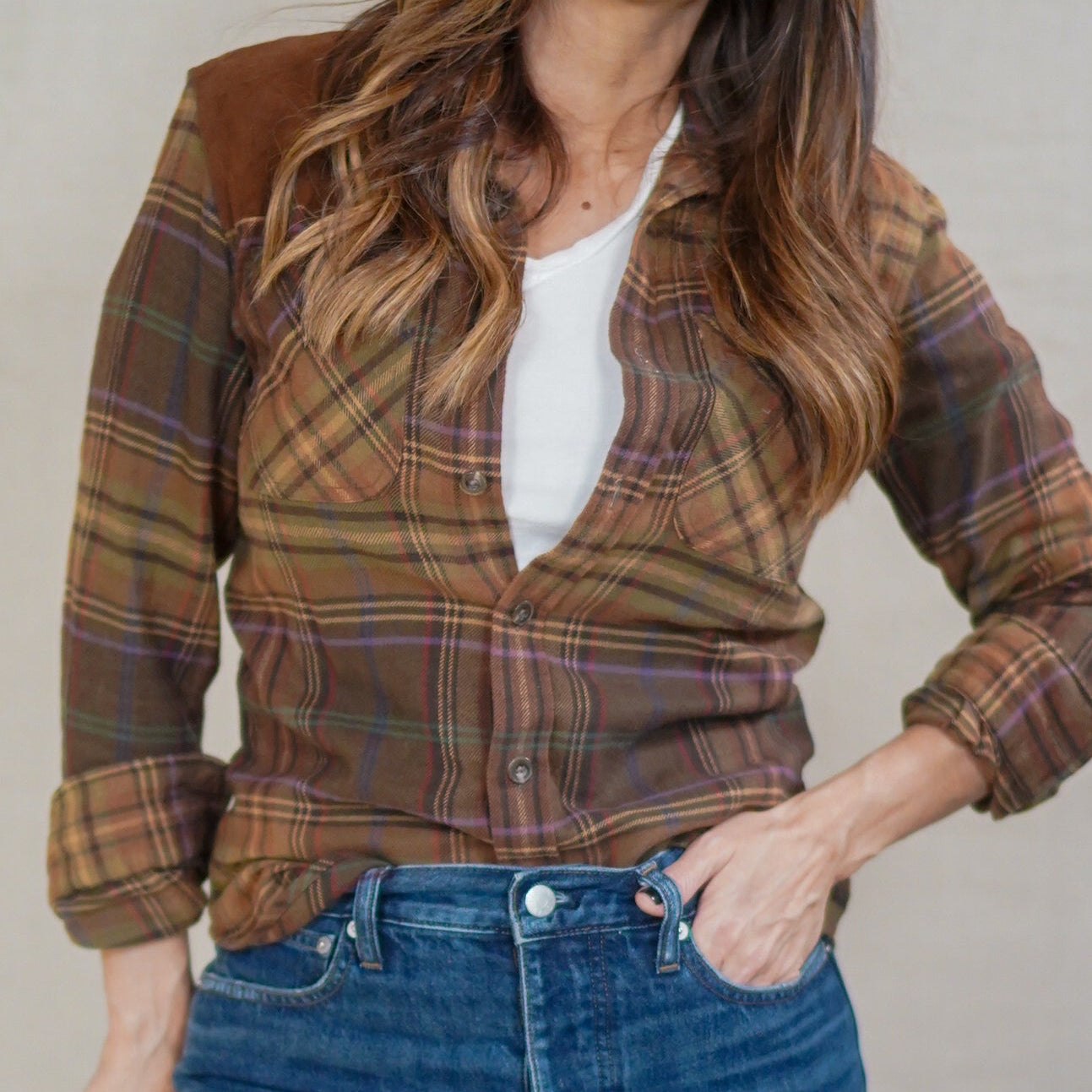 Vintage Ralph Lauren Sport Plaid Flannel Shirt with Suede Shoulder Patch