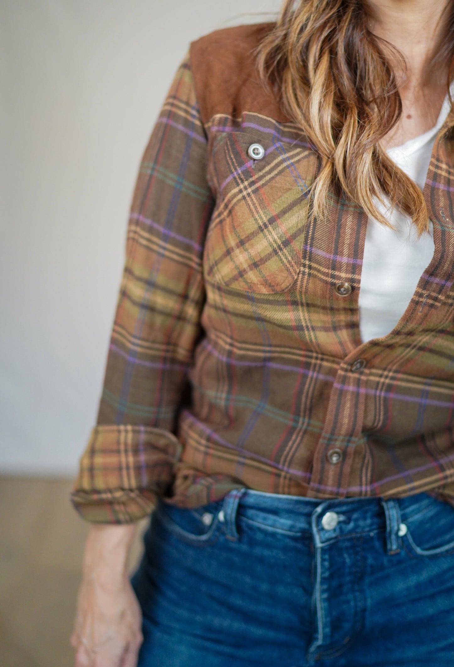 Vintage Ralph Lauren Sport Plaid Flannel Shirt with Suede Shoulder Patch