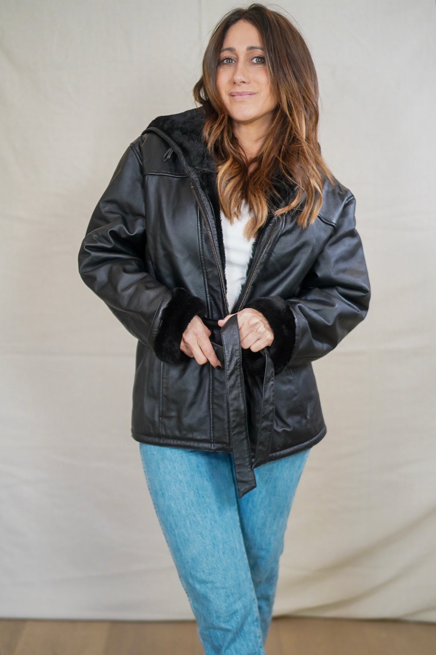 Vintage Black Leather Shearling-Lined Jacket