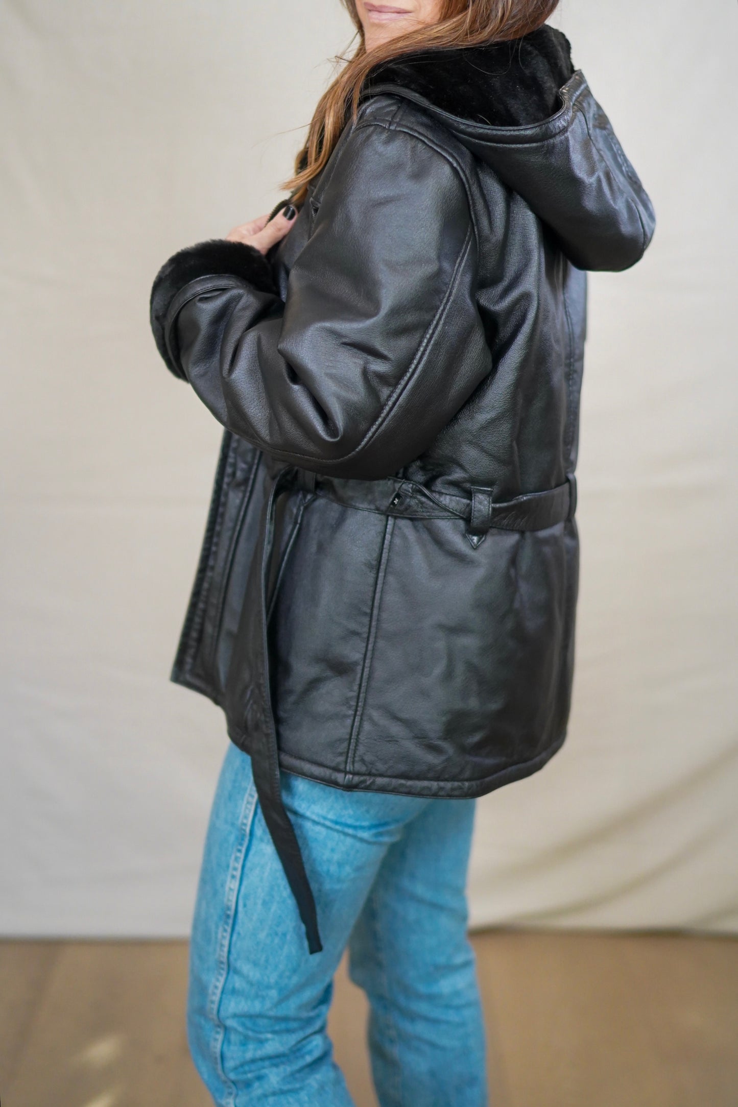 Vintage Black Leather Shearling-Lined Jacket