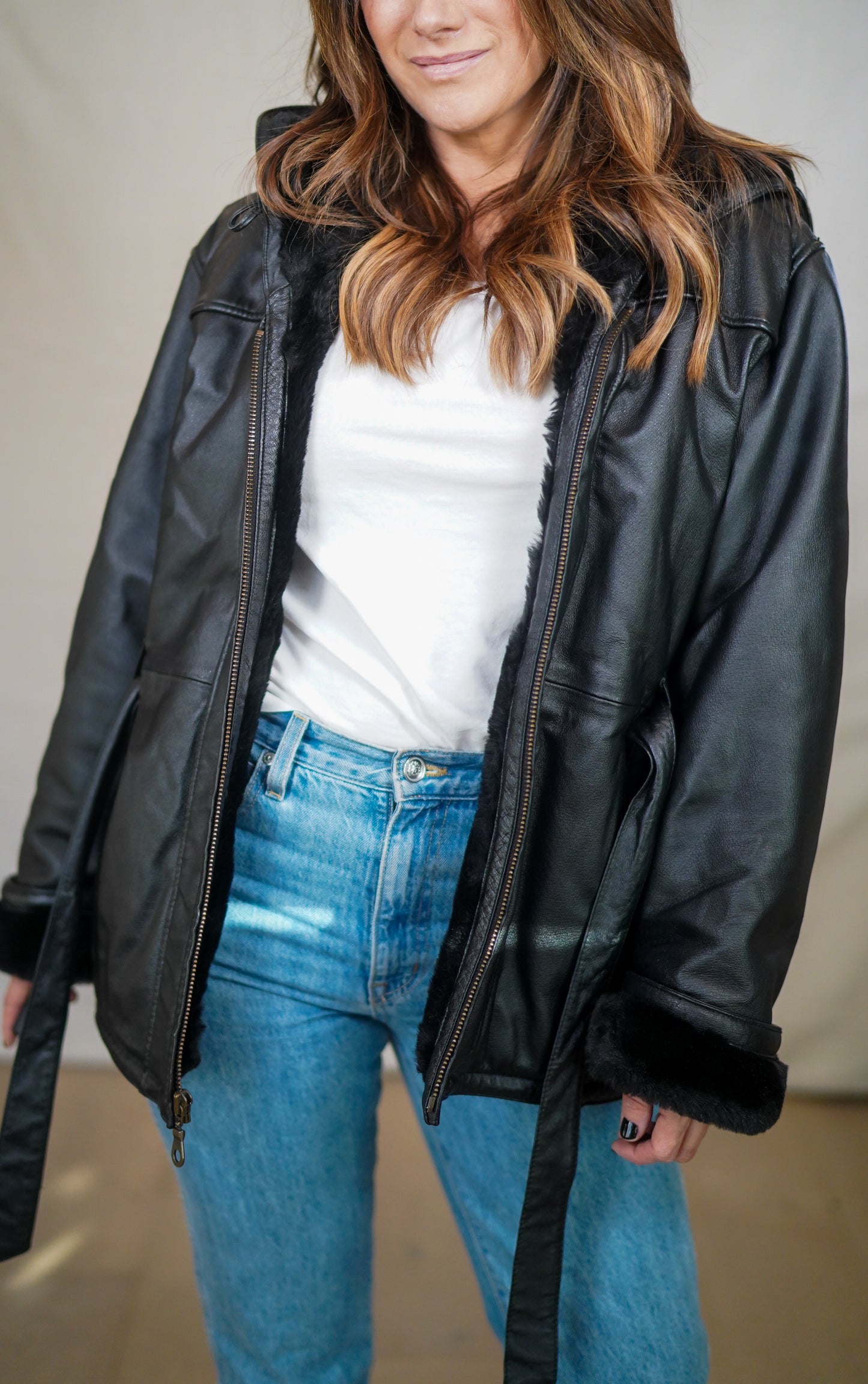 Vintage Black Leather Shearling-Lined Jacket