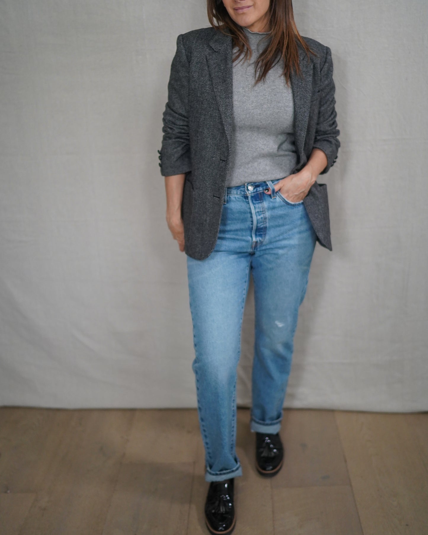 Vintage Herringbone Gray Wool Blazer