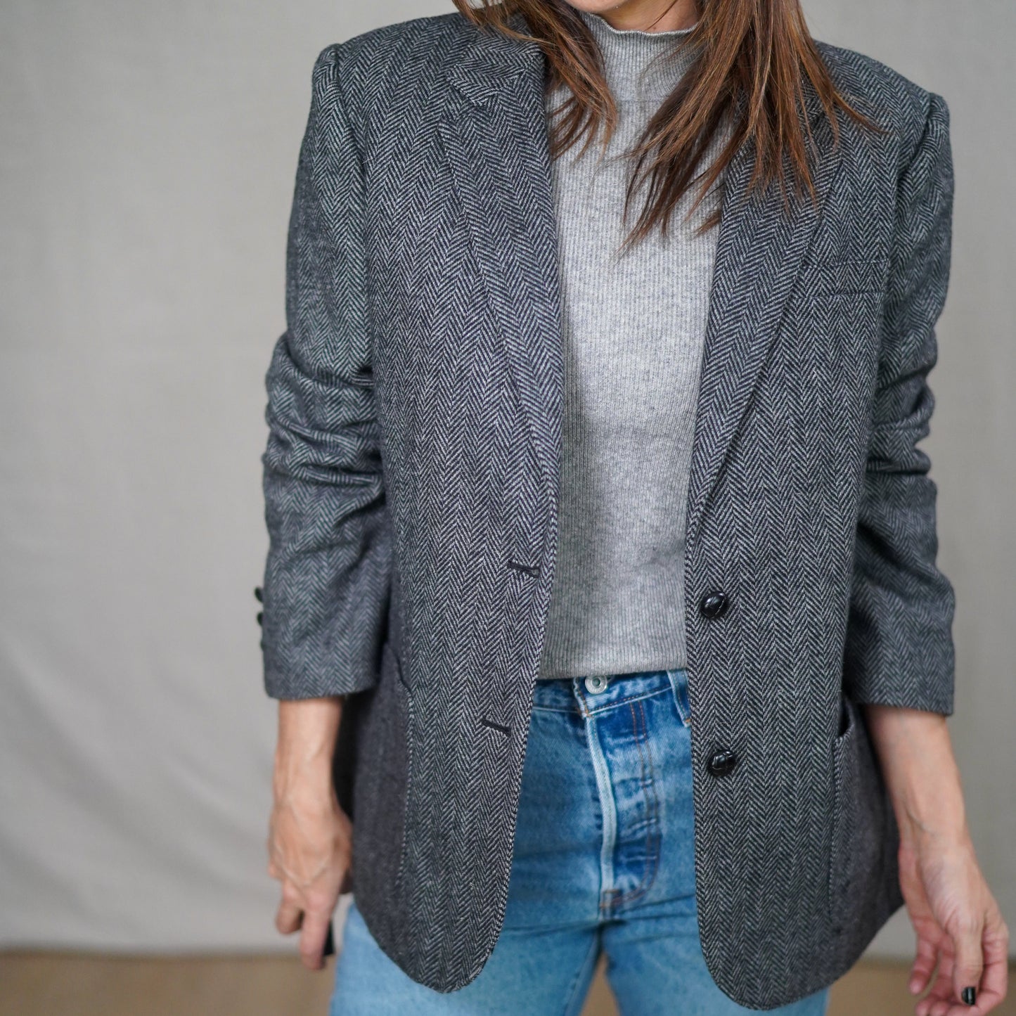 Vintage Herringbone Gray Wool Blazer