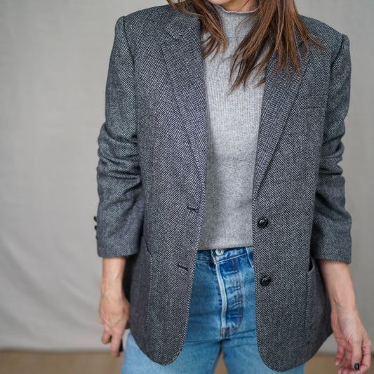 Vintage Herringbone Gray Wool Blazer