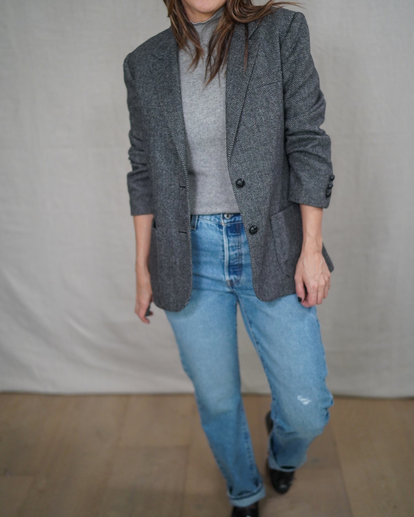 Vintage Herringbone Gray Wool Blazer