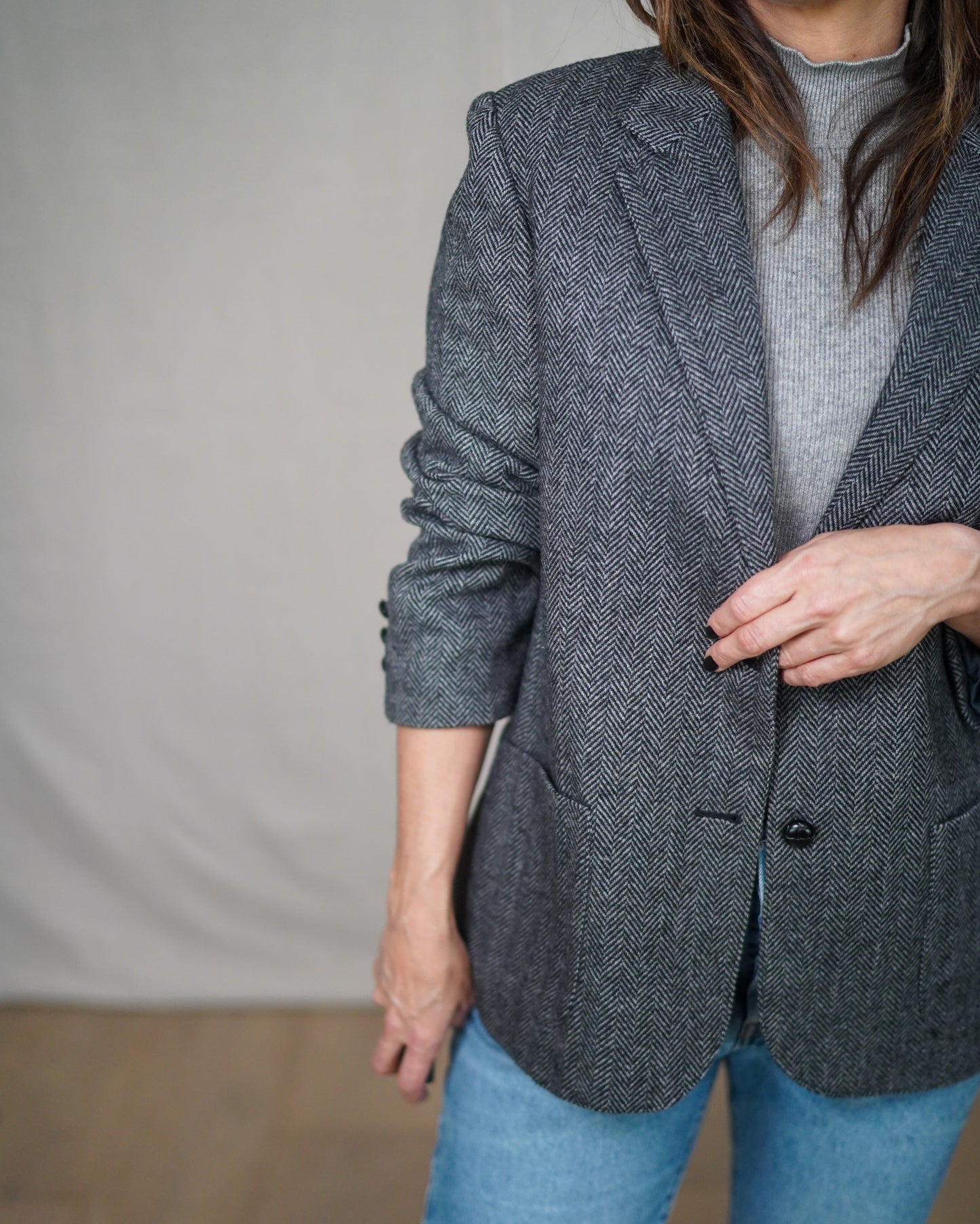 Vintage Herringbone Gray Wool Blazer