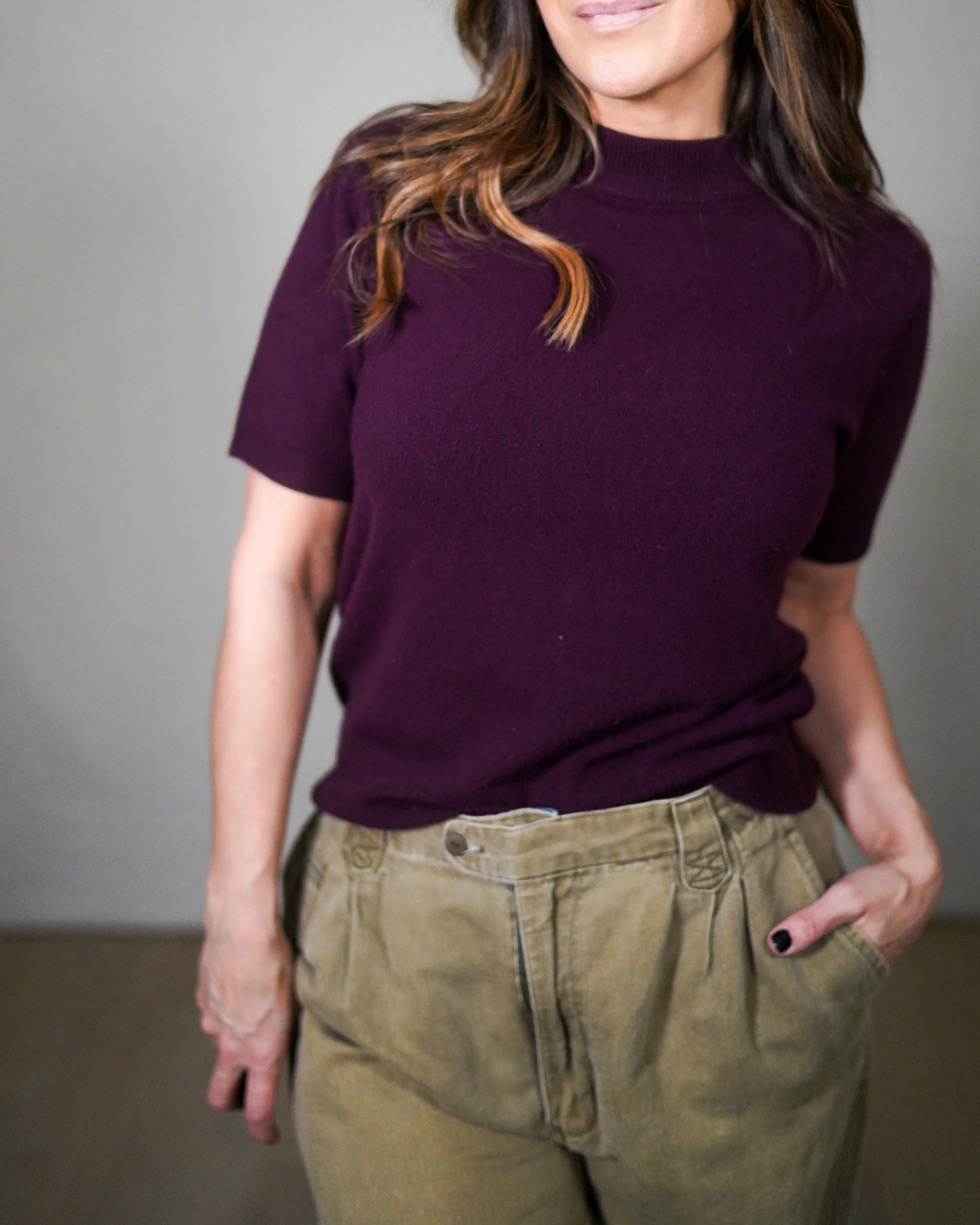 SAG HARBOR Petite Plum Knit Short-Sleeve Sweater Top