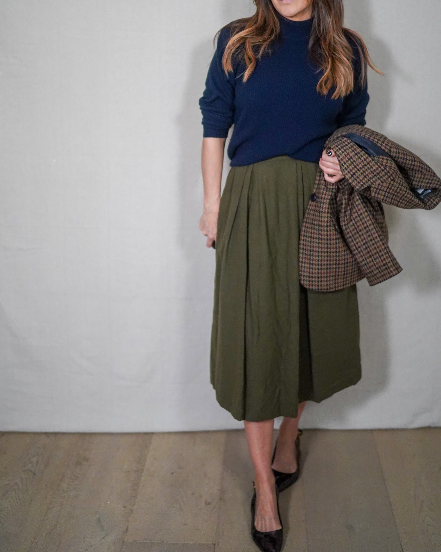 Vintage Olive Wool Pleated Midi Skirt