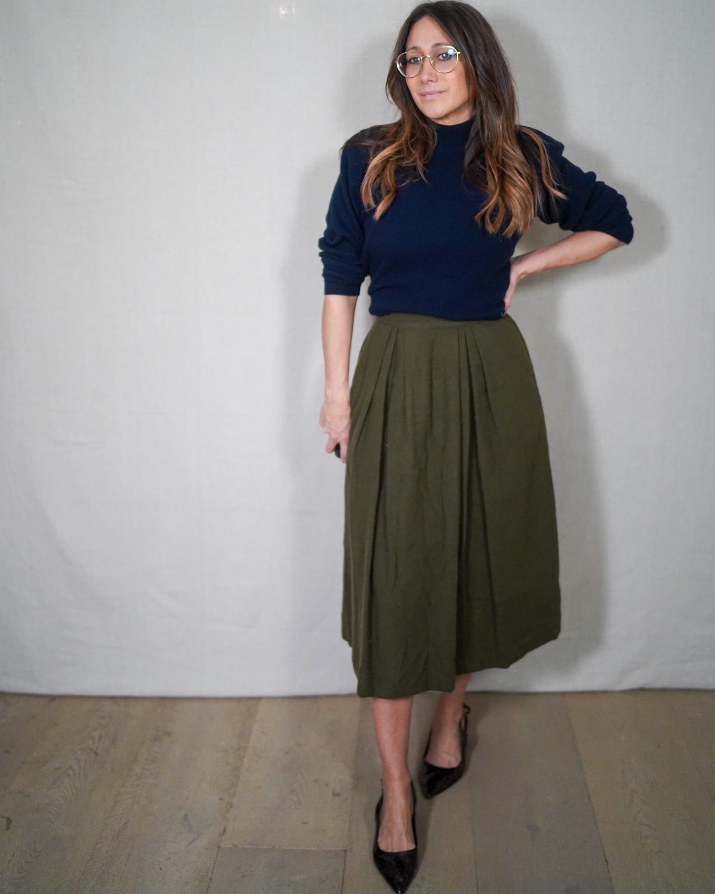 Vintage Olive Wool Pleated Midi Skirt