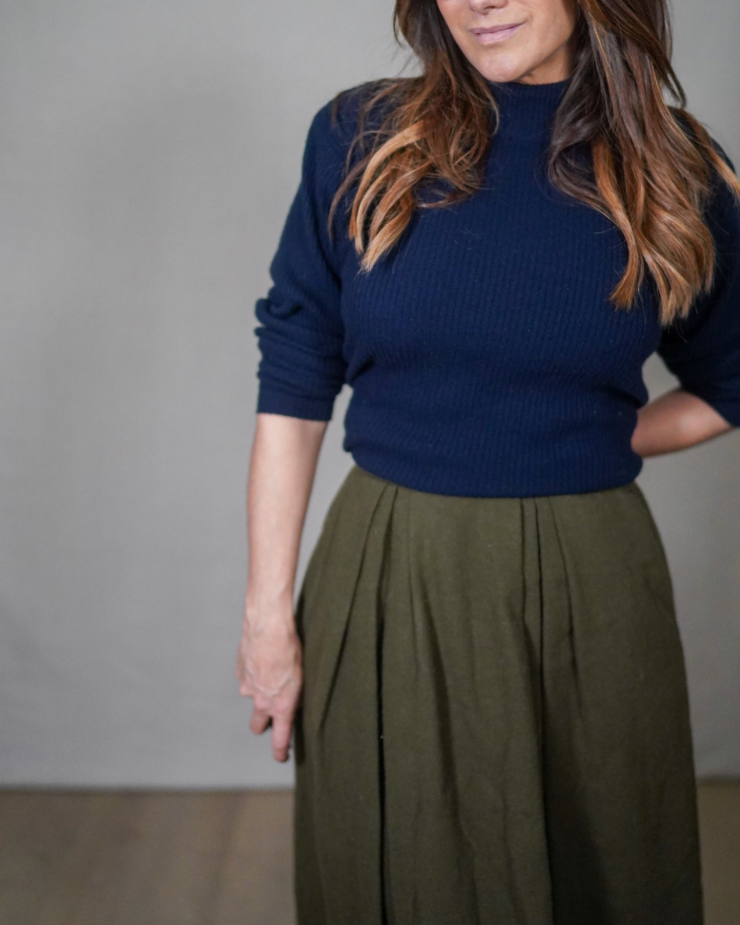 Vintage Olive Wool Pleated Midi Skirt