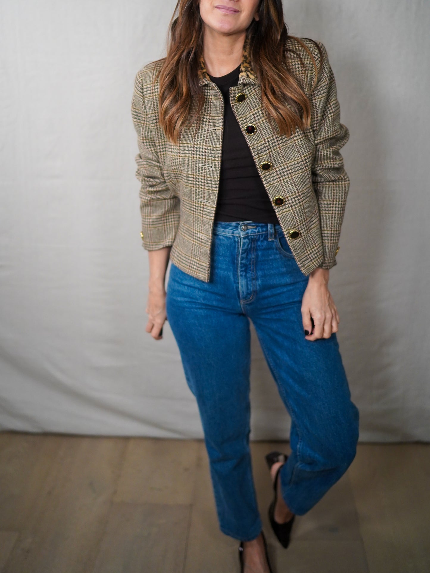 Vintage Ungaro Cropped Plaid Wool Jacket with Leopard Collar