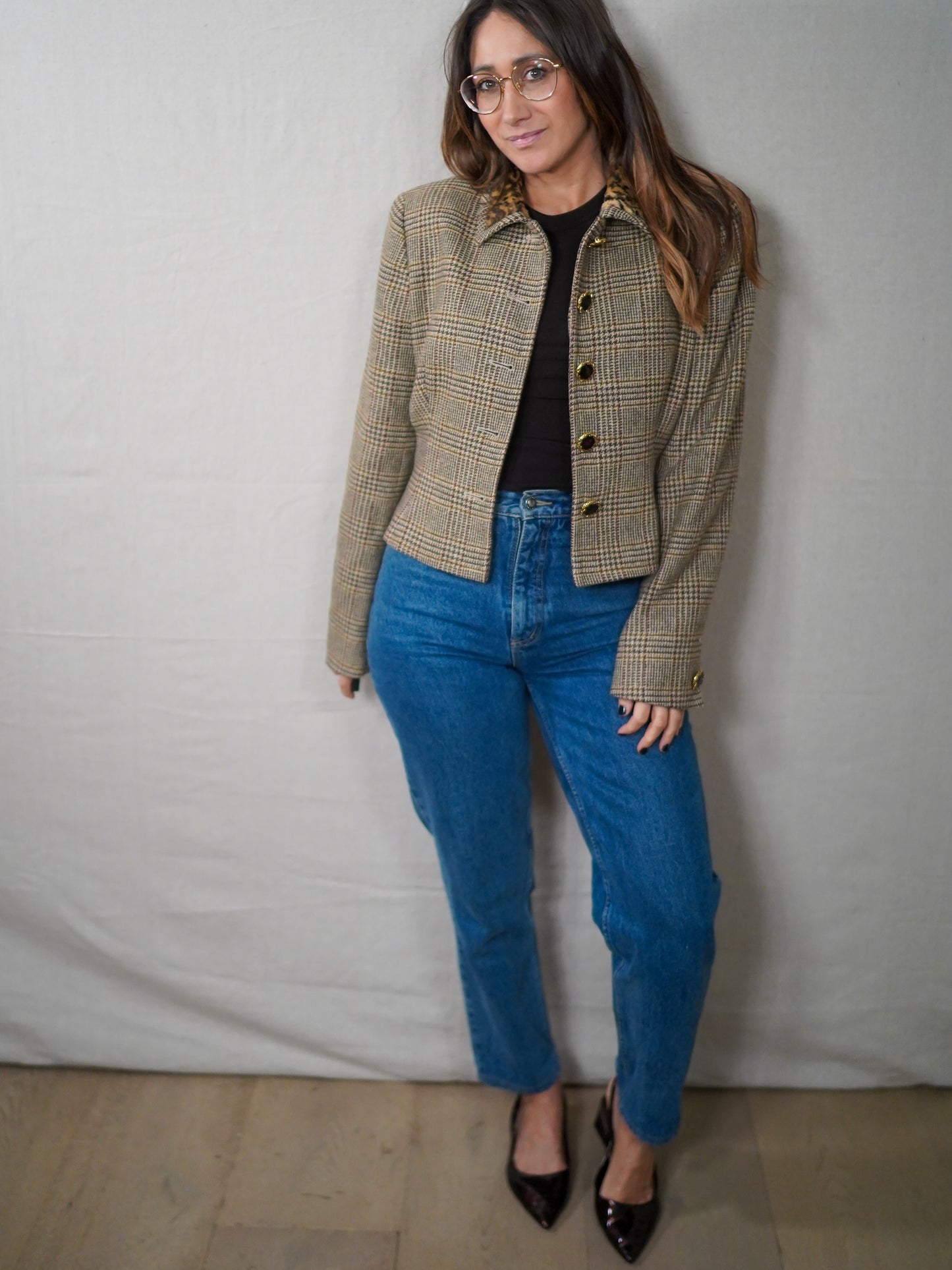 Vintage Ungaro Cropped Plaid Wool Jacket with Leopard Collar