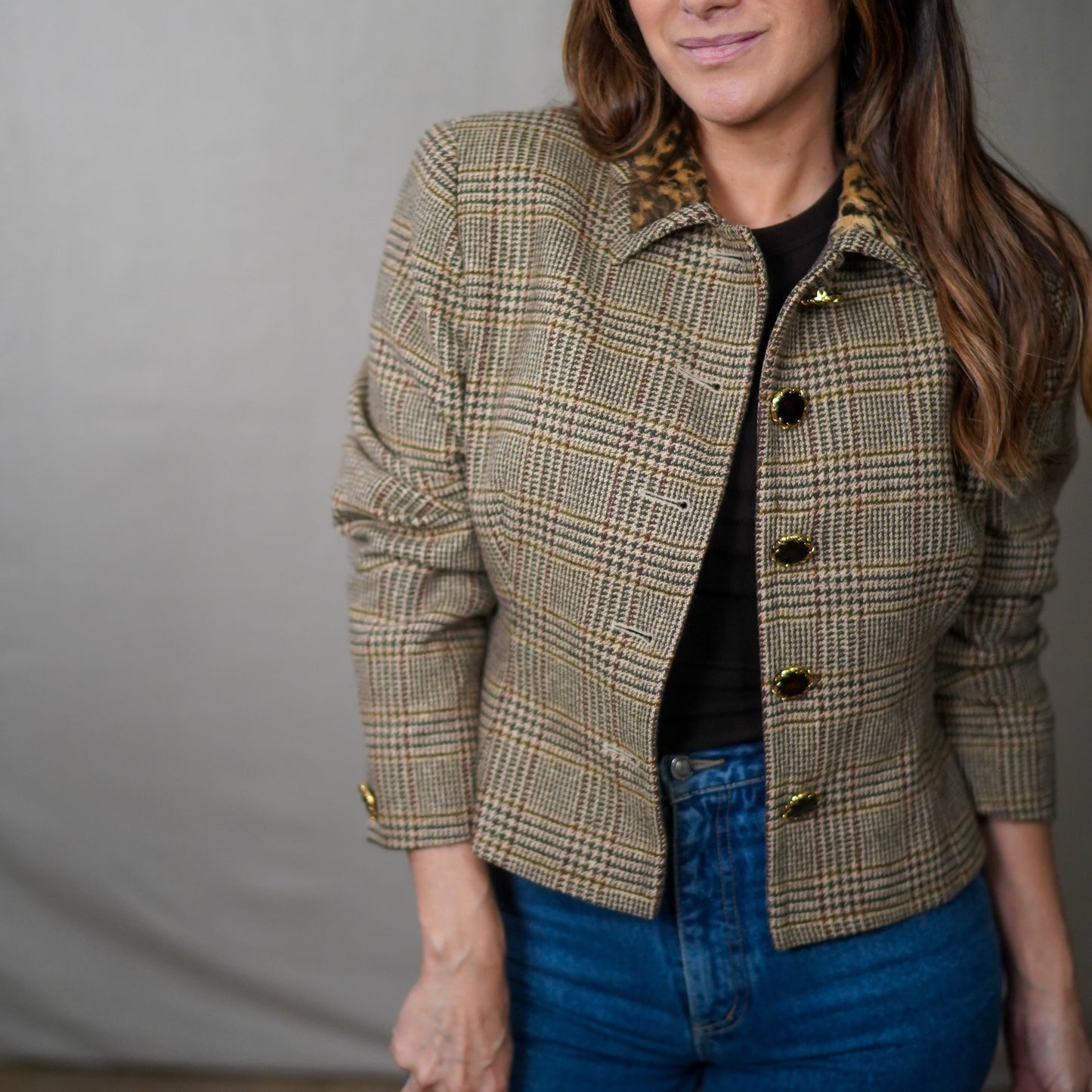 Vintage Ungaro Cropped Plaid Wool Jacket with Leopard Collar