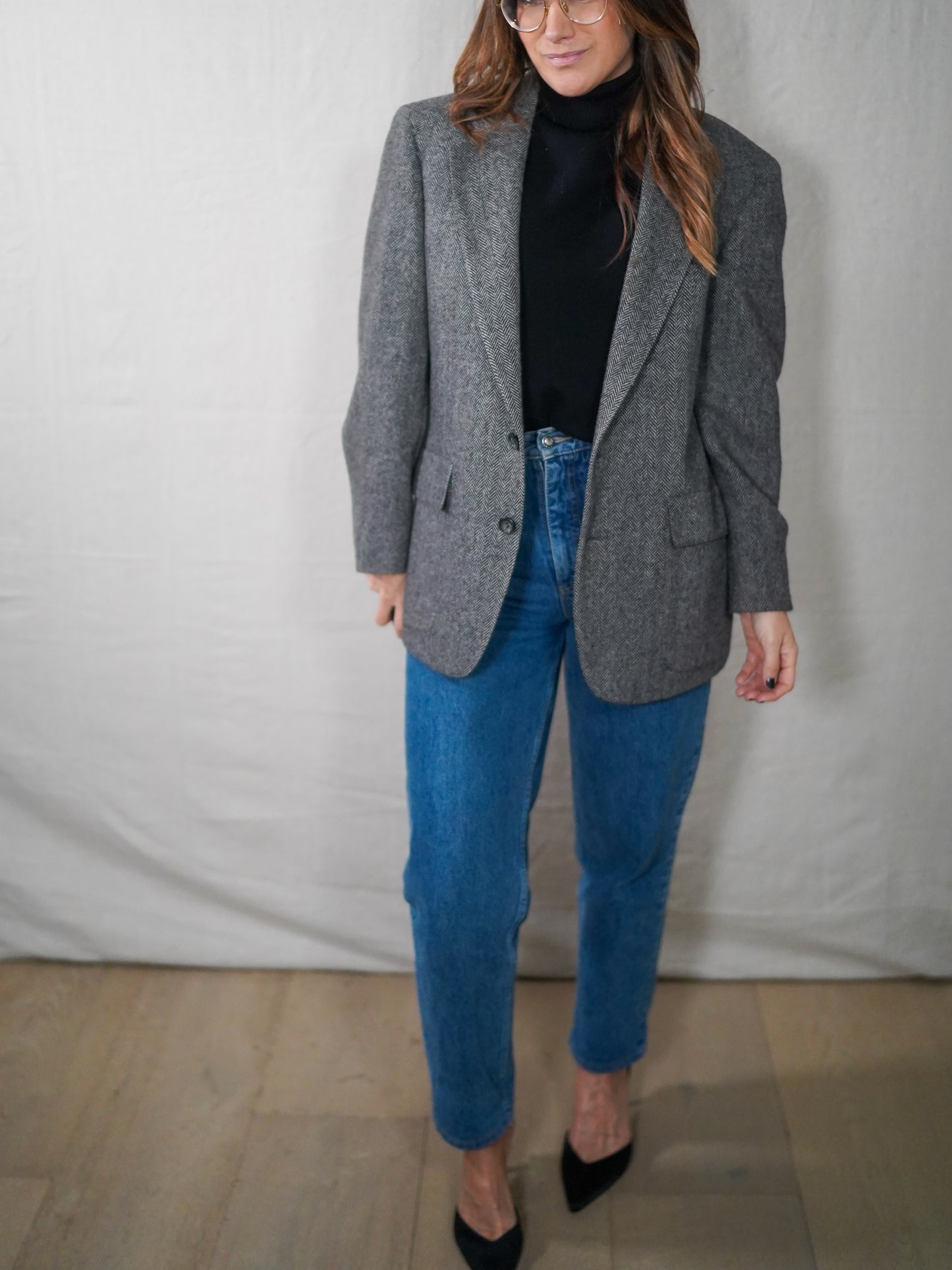 Vintage Gray Herringbone Wool Blazer
