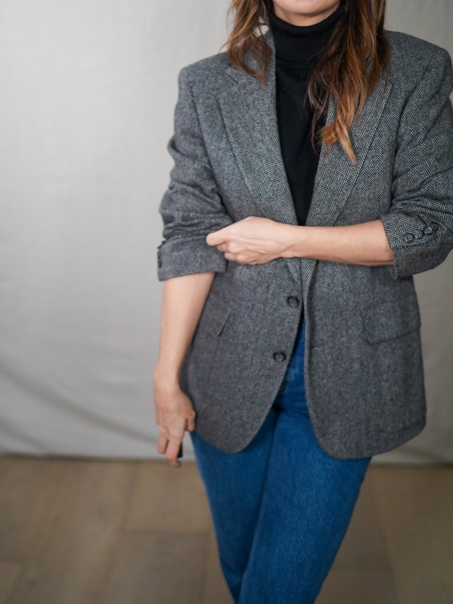Vintage Gray Herringbone Wool Blazer