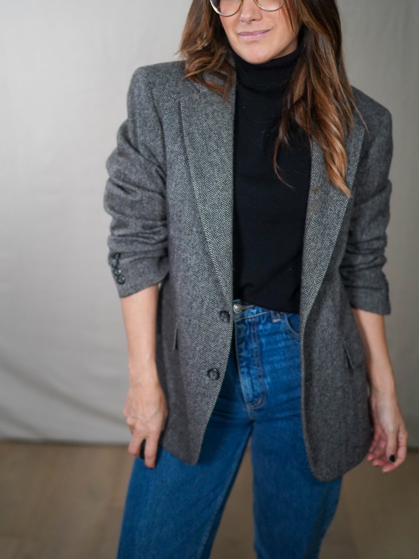 Vintage Gray Herringbone Wool Blazer