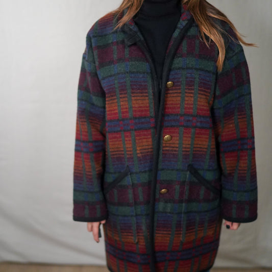 Vintage Oversized Plaid Wool Coat in Forest Green & Oxblood – Statement Fall Winter Outerwear