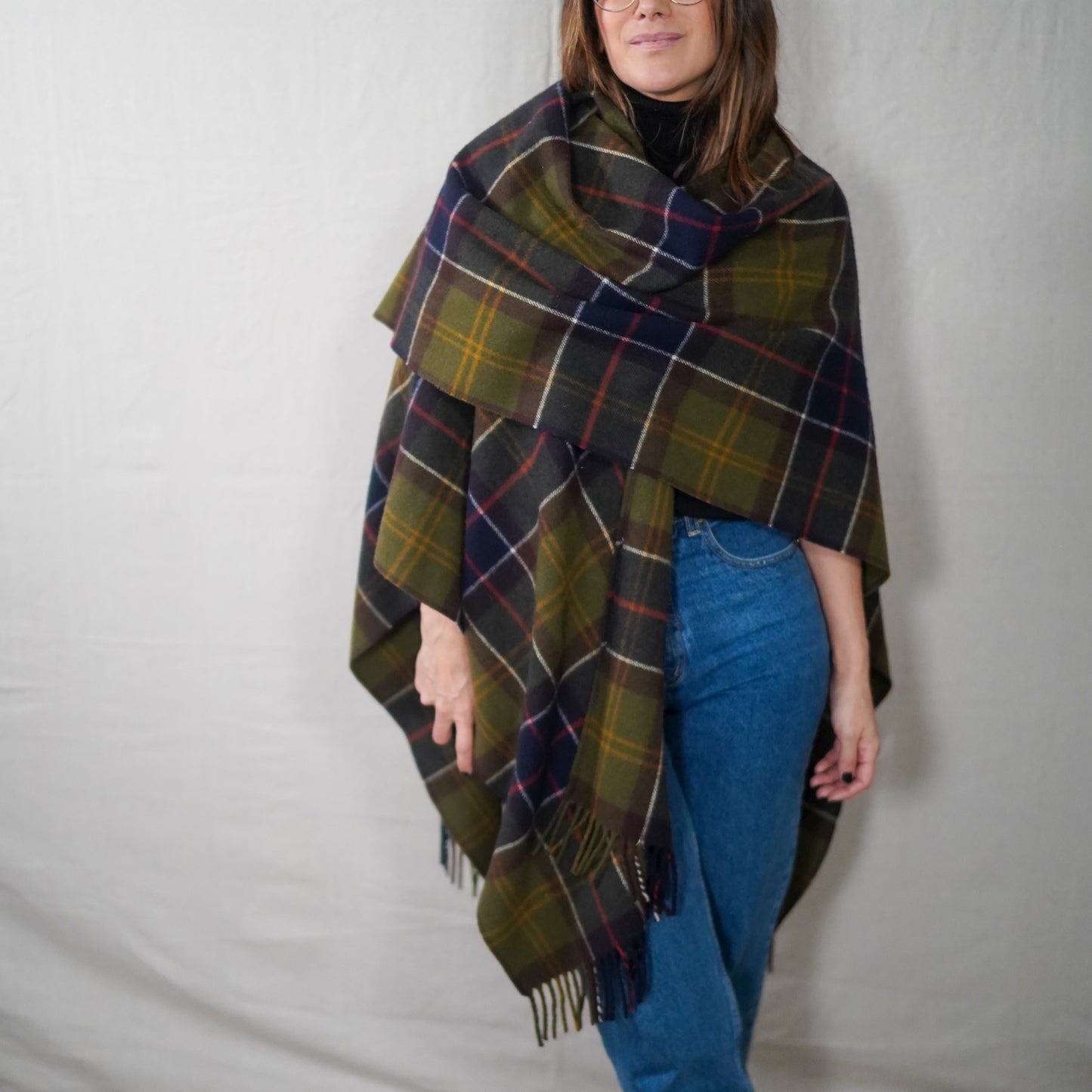 Barbour Tartan Wool Poncho Cape Shawl Wrap Fringe Hem Heritage Plaid Outerwear