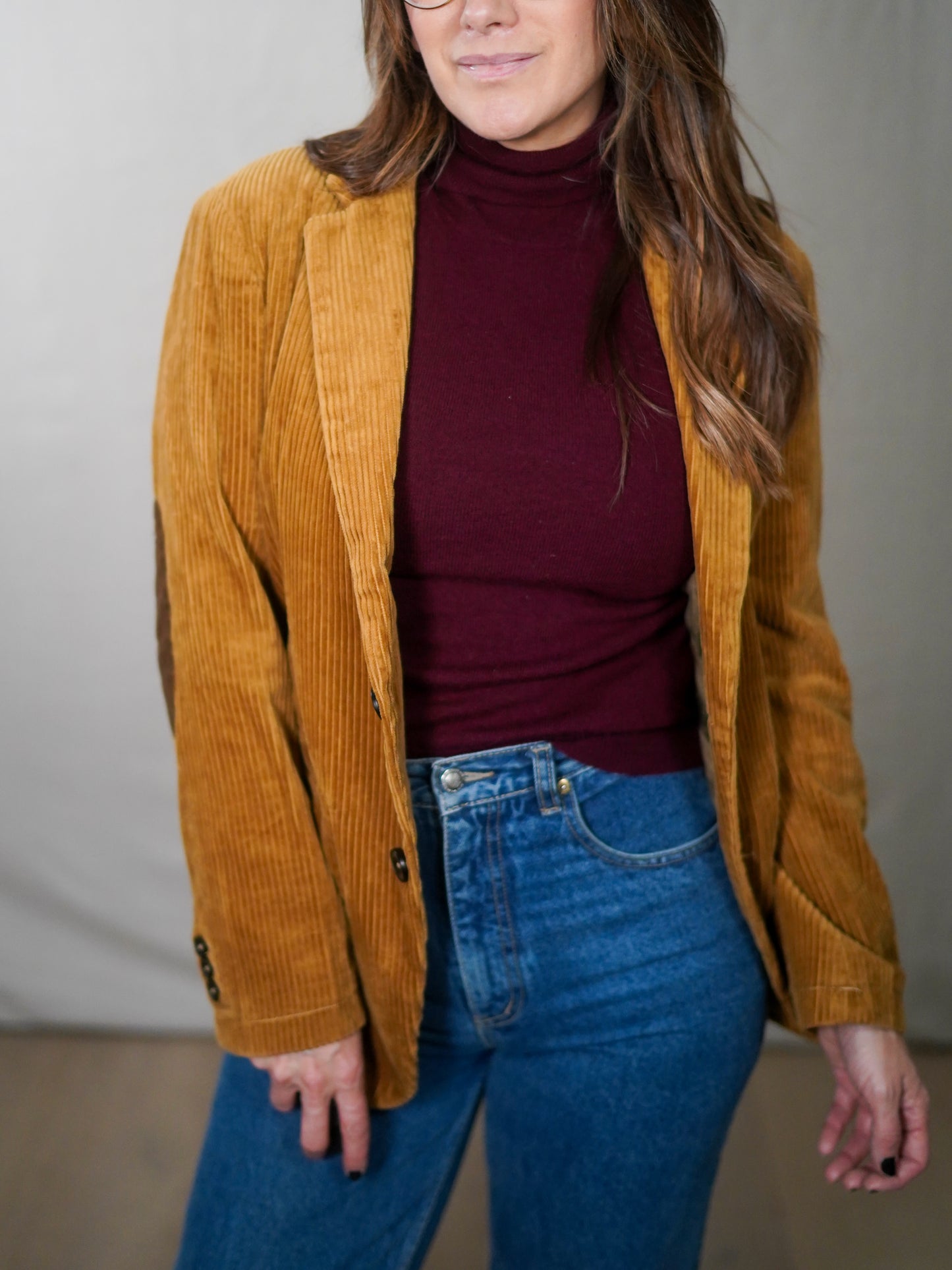 Camel Corduroy Elbow Patch Blazer Jacket Structured Casual Tailored Layer