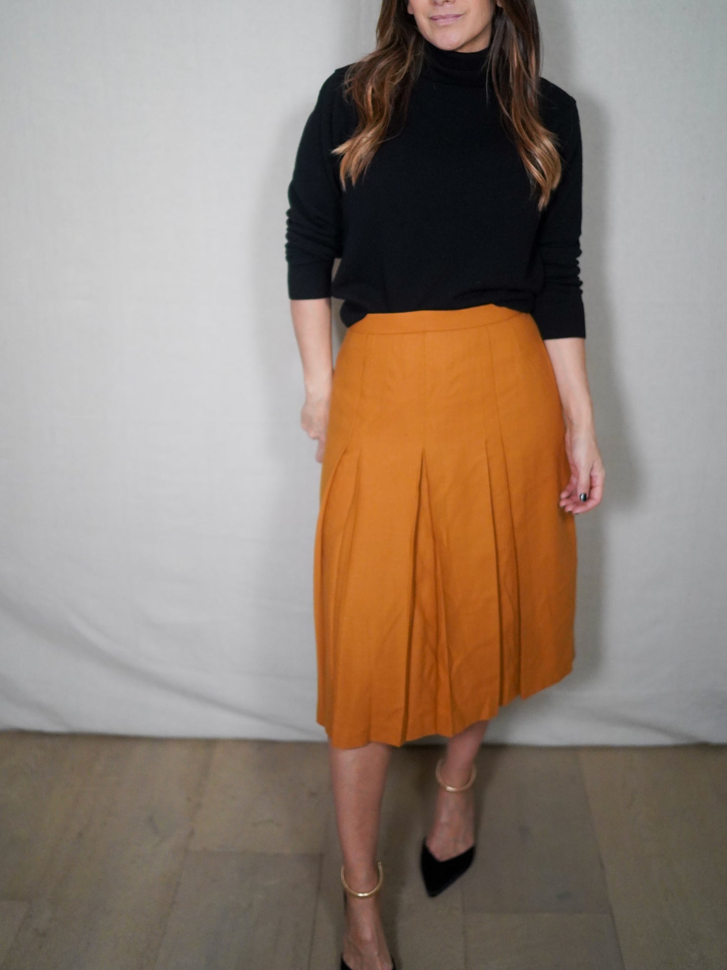 Mustard Pleated Midi Skirt | Tailored Front Pleat, Soft A-Line Shape
