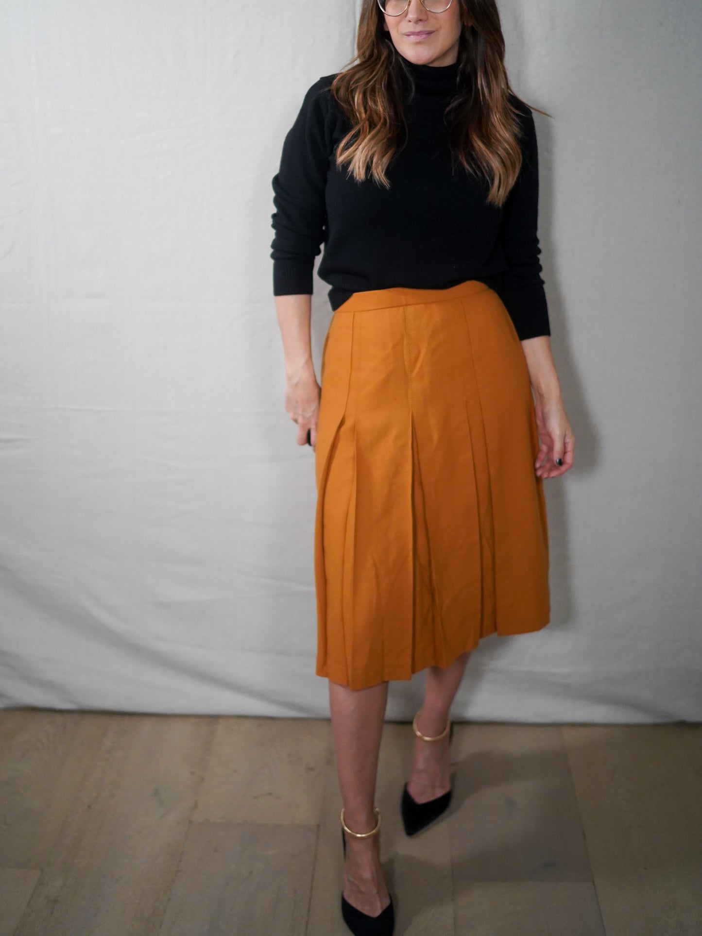 Mustard Pleated Midi Skirt | Tailored Front Pleat, Soft A-Line Shape