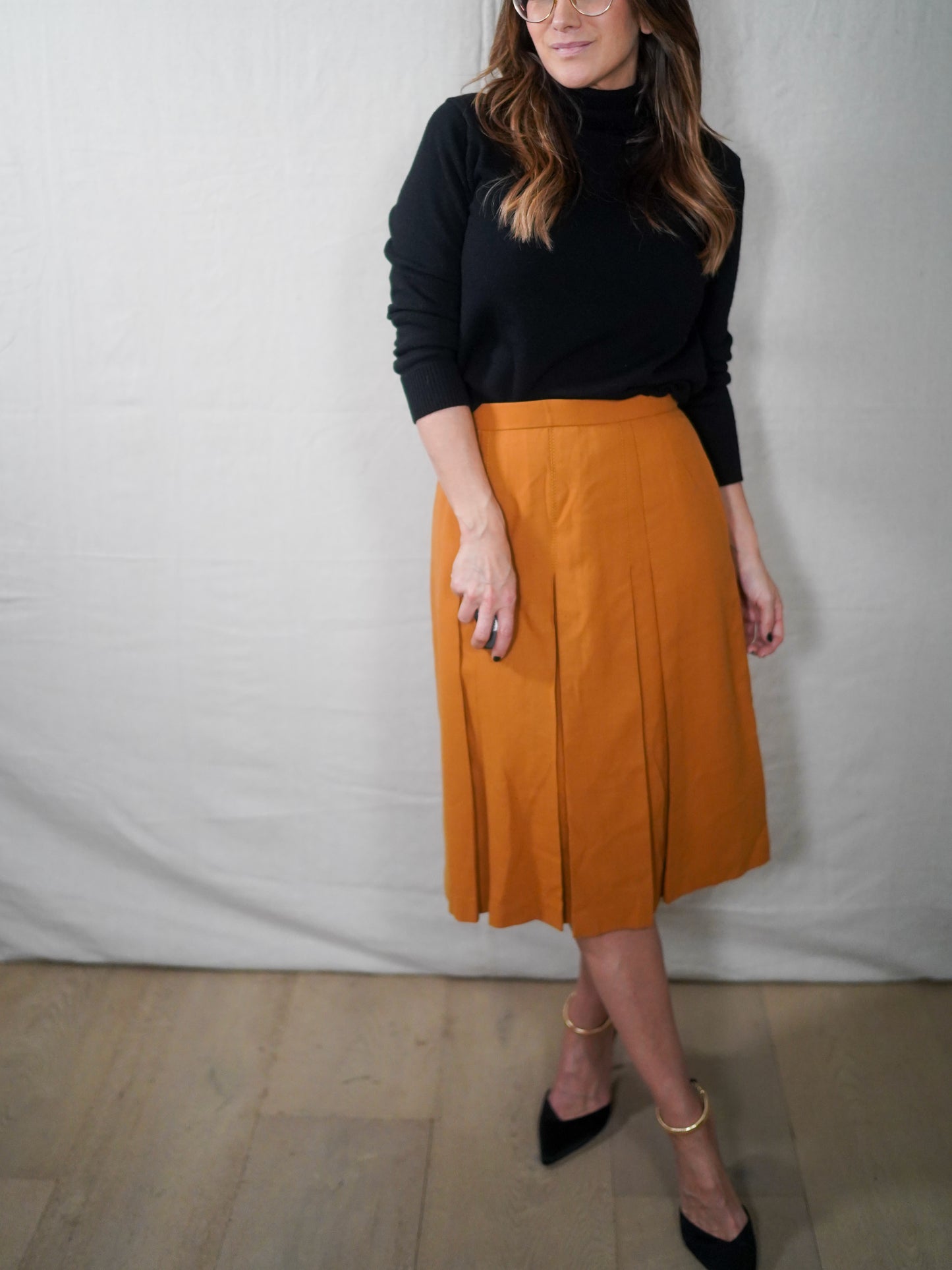 Mustard Pleated Midi Skirt | Tailored Front Pleat, Soft A-Line Shape