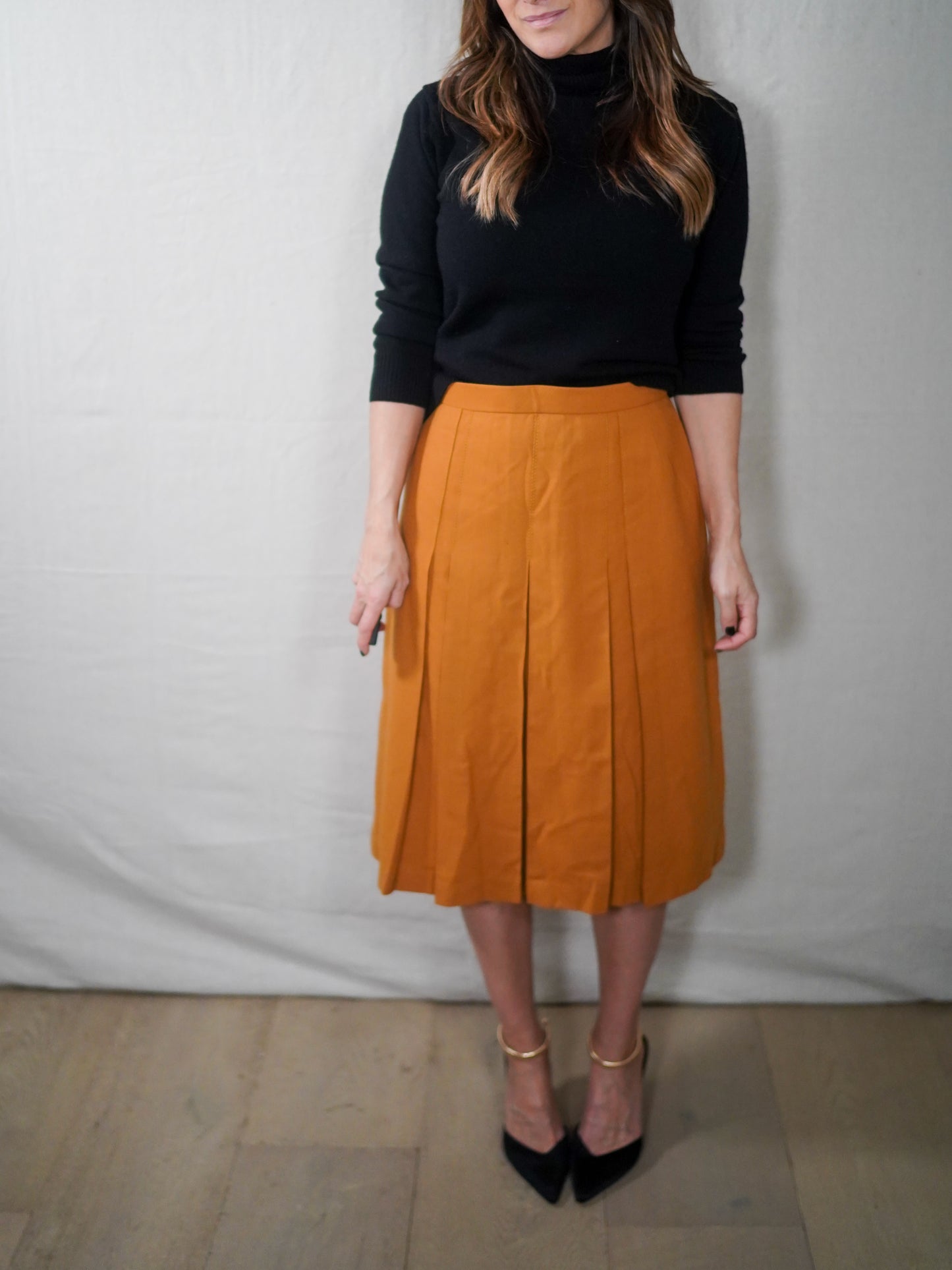 Mustard Pleated Midi Skirt | Tailored Front Pleat, Soft A-Line Shape