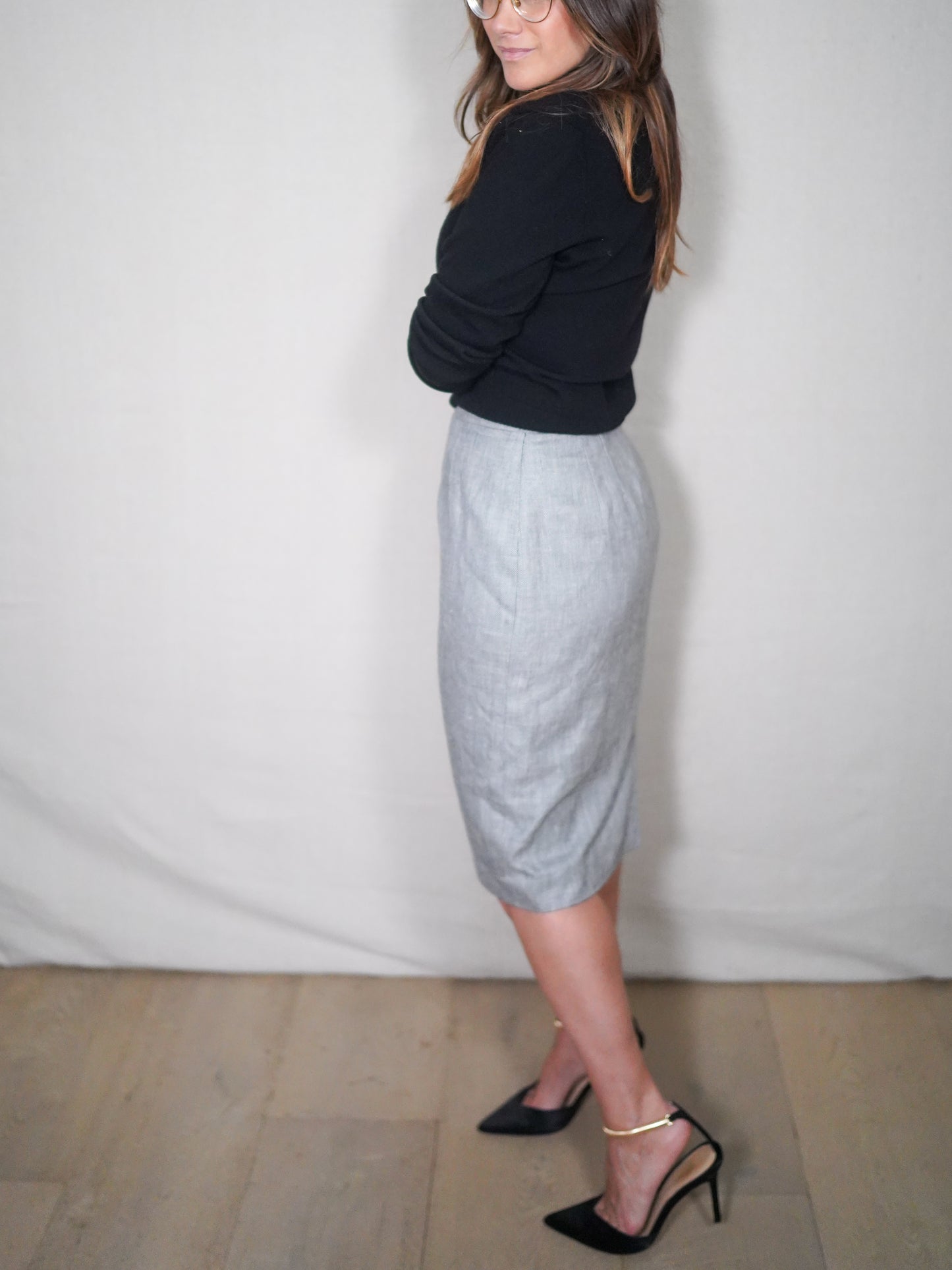 Vintage Pendleton Classic Gray Micro-Herringbone Tailored Midi Skirt