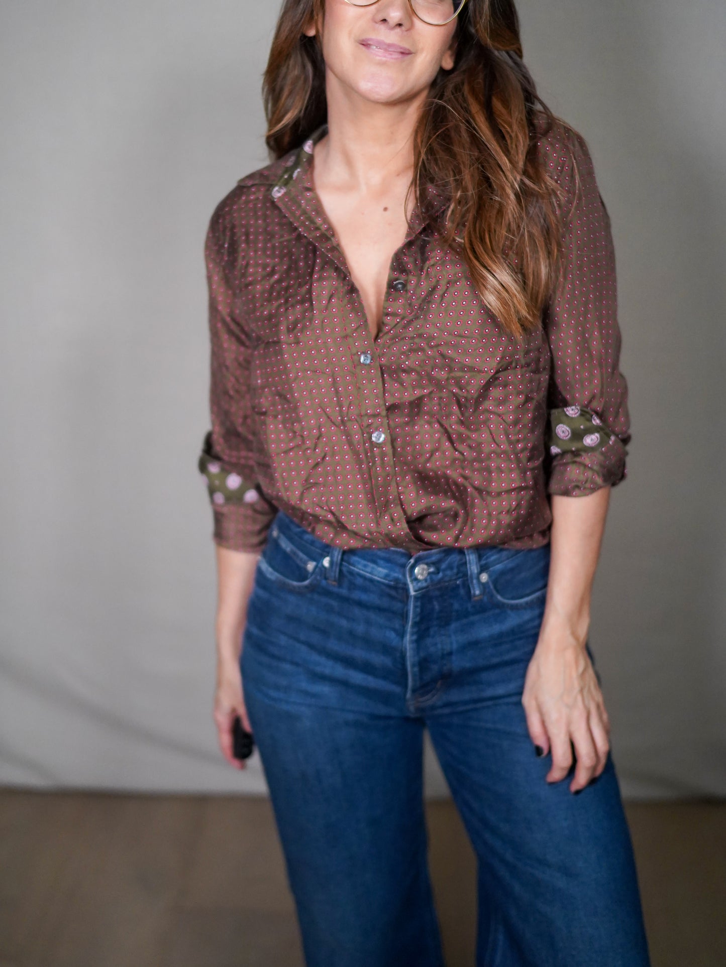 Vintage Banana Republic Silk Geo Print Button-Down Shirt Olive Pink