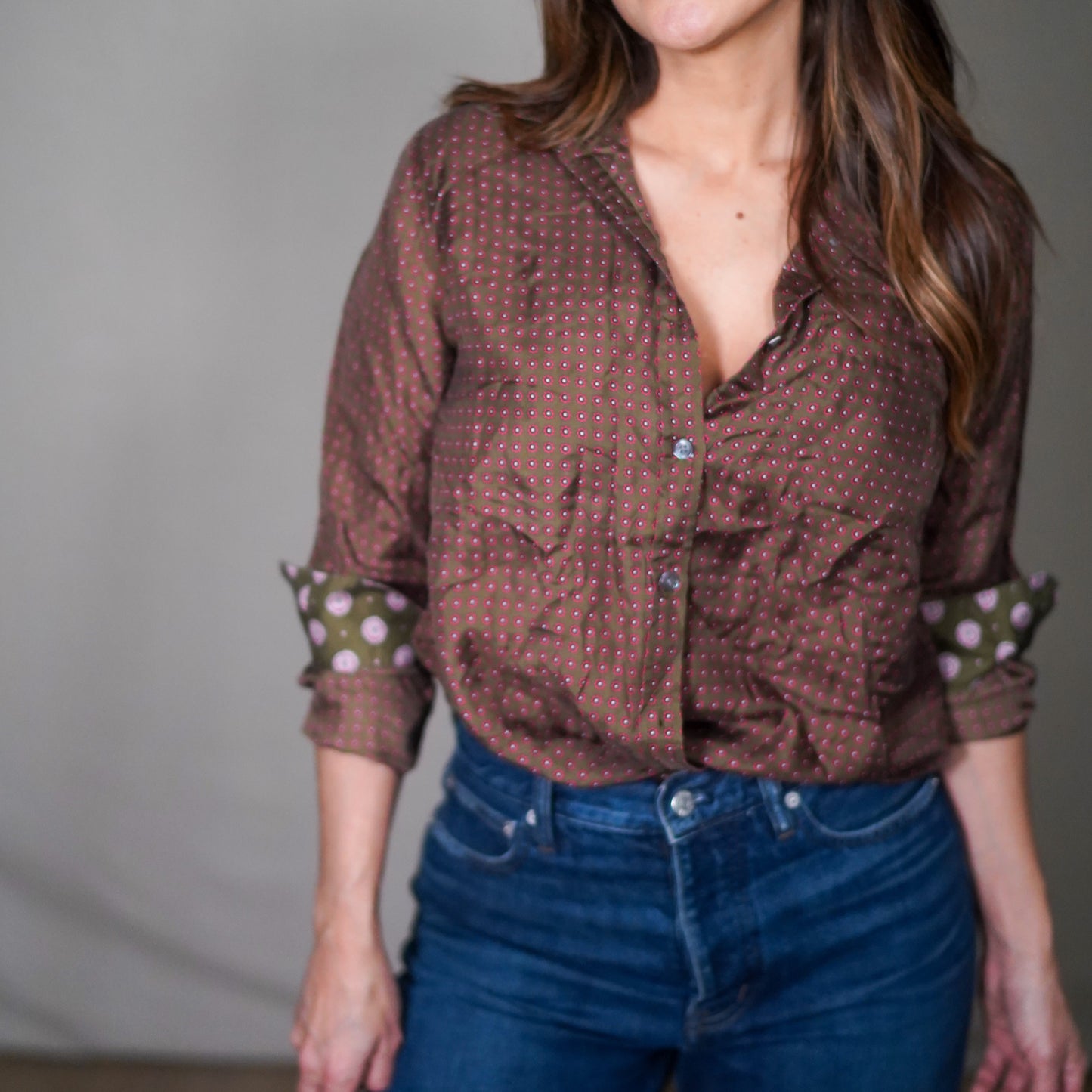 Vintage Banana Republic Silk Geo Print Button-Down Shirt Olive Pink