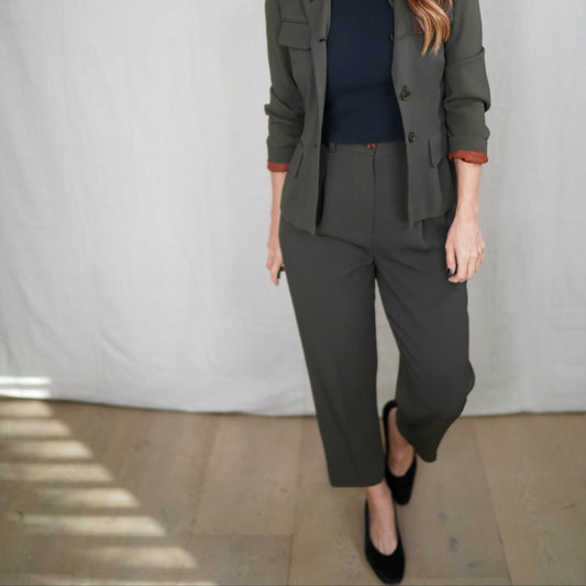 Vintage Olive Ribbed Tailored Trouser Pant High Waist Straight Leg